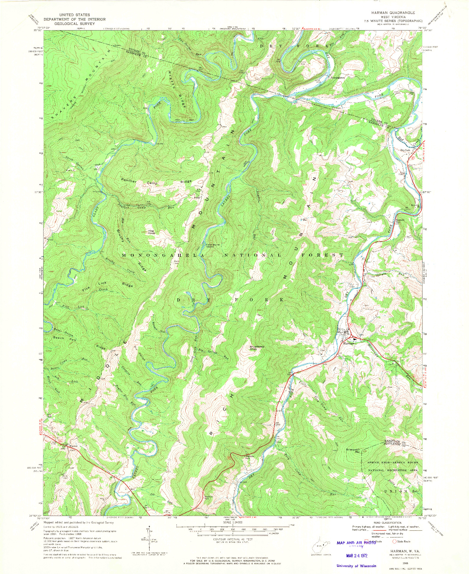USGS 1:24000-SCALE QUADRANGLE FOR HARMAN, WV 1968