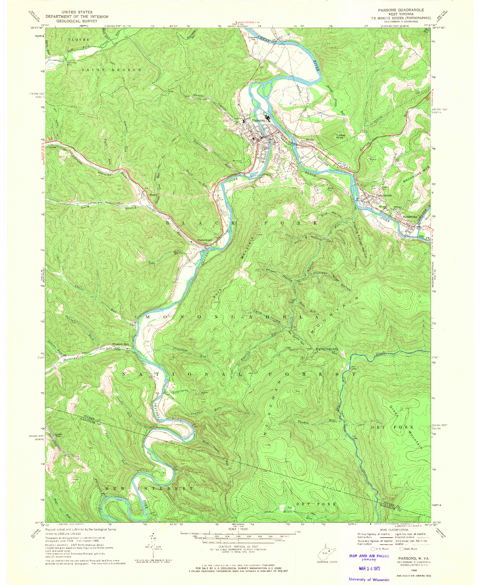 USGS 1:24000-SCALE QUADRANGLE FOR PARSONS, WV 1968