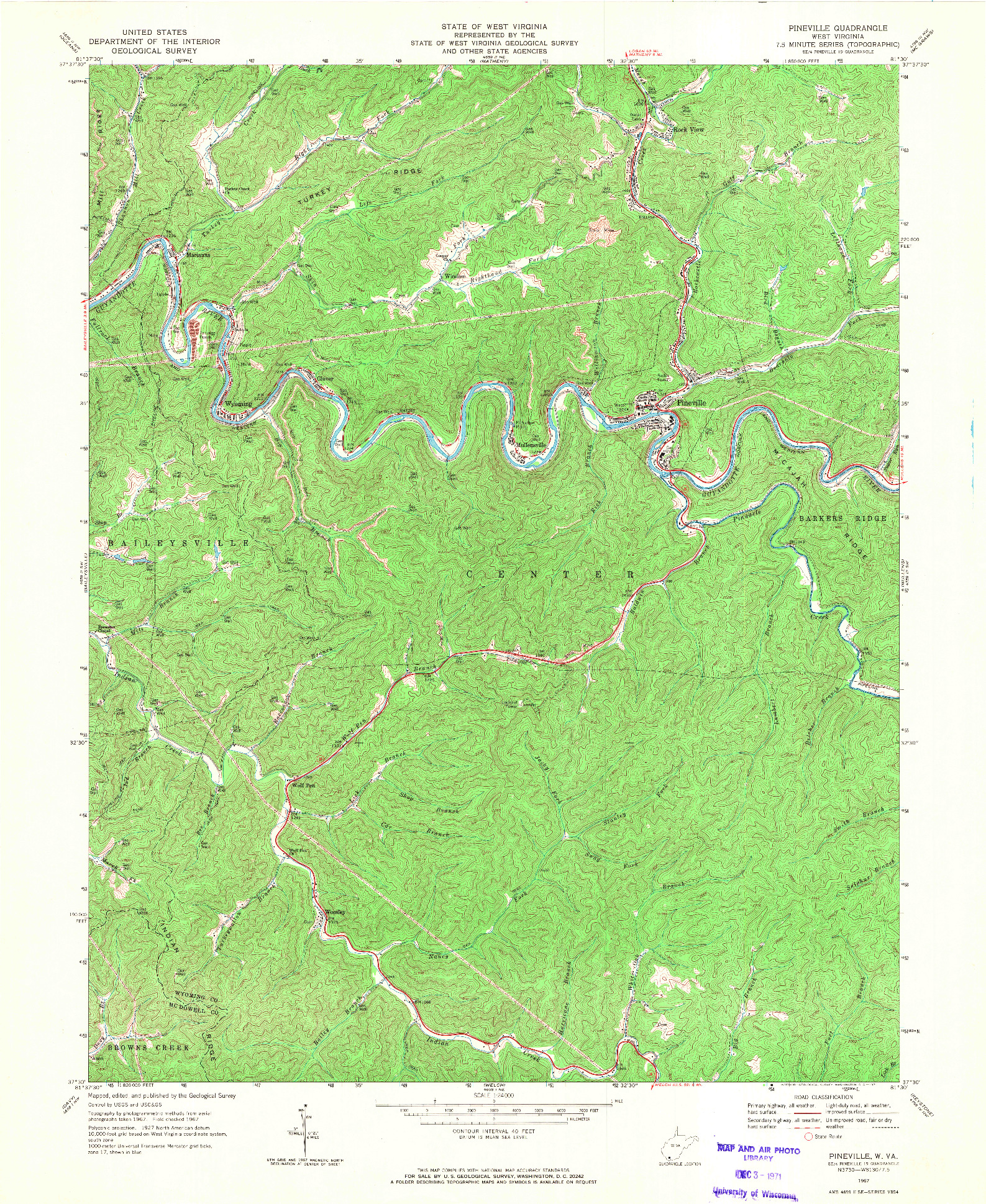 USGS 1:24000-SCALE QUADRANGLE FOR PINEVILLE, WV 1967