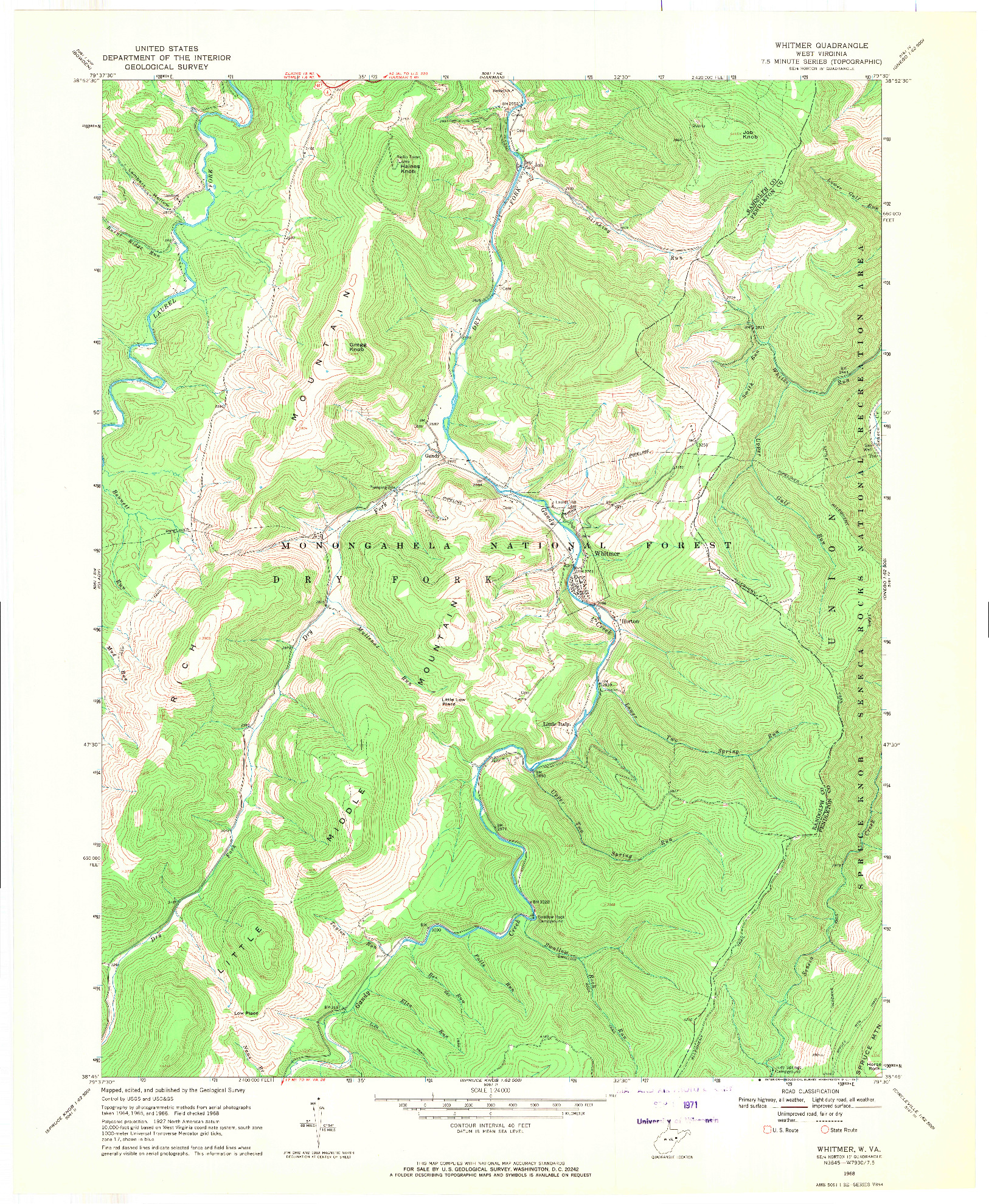 USGS 1:24000-SCALE QUADRANGLE FOR WHITMER, WV 1968