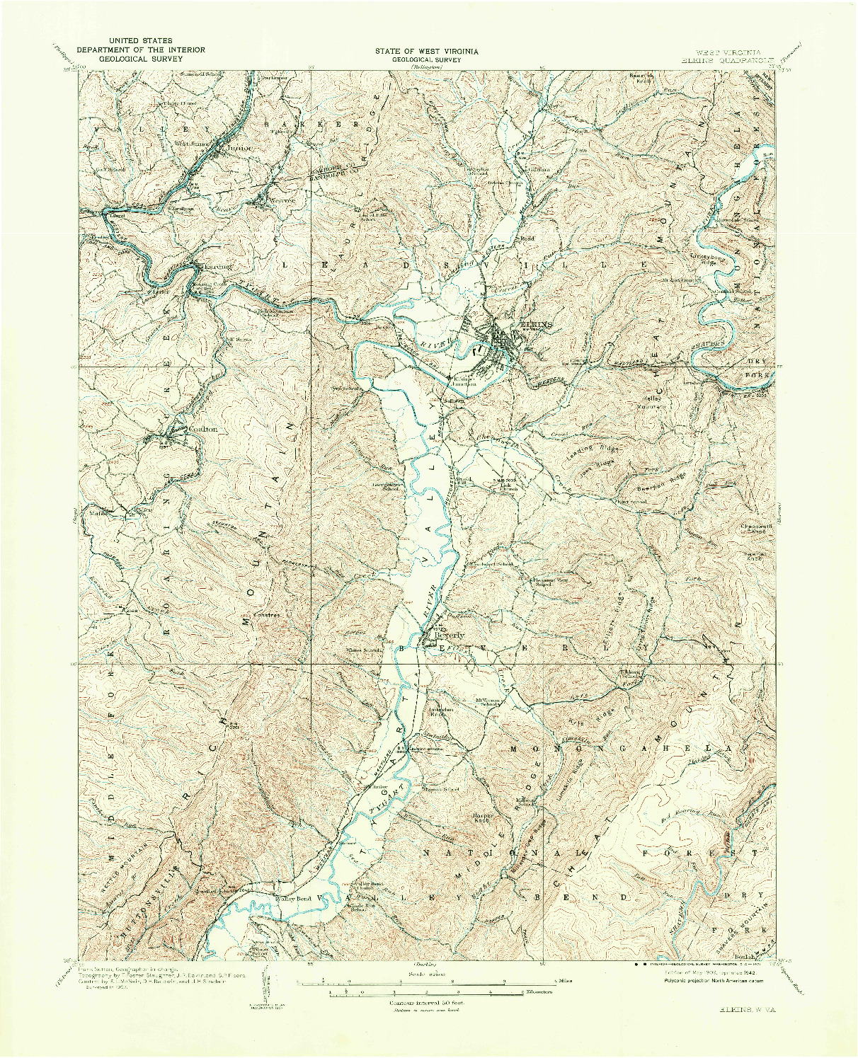 USGS 1:62500-SCALE QUADRANGLE FOR ELKINS, WV 1909