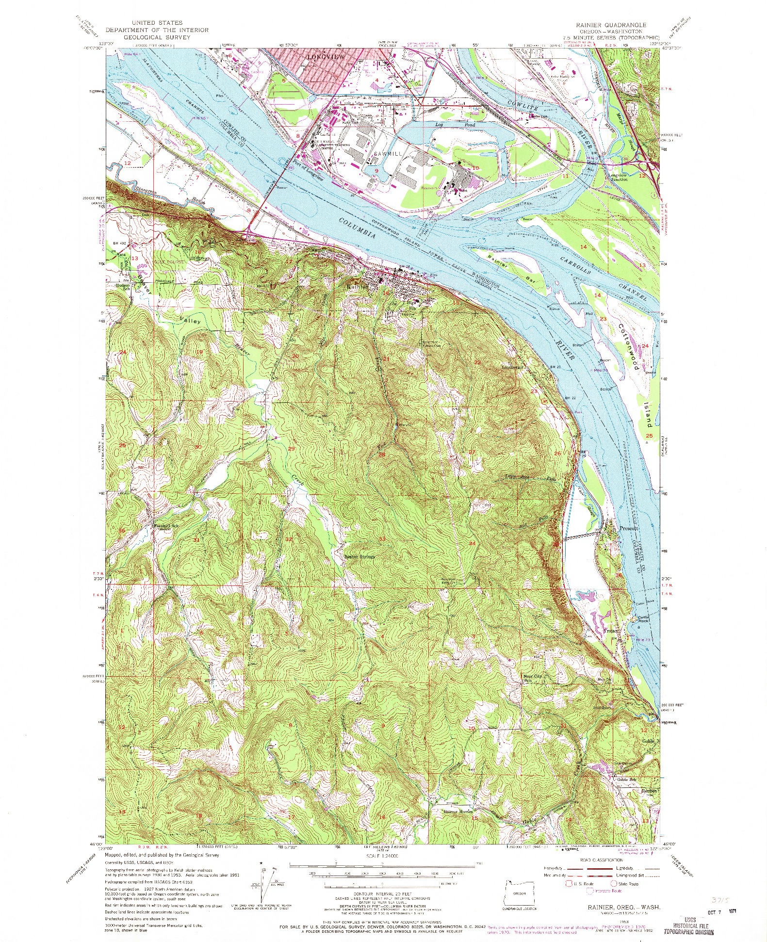 USGS 1:24000-SCALE QUADRANGLE FOR RAINIER, OR 1953