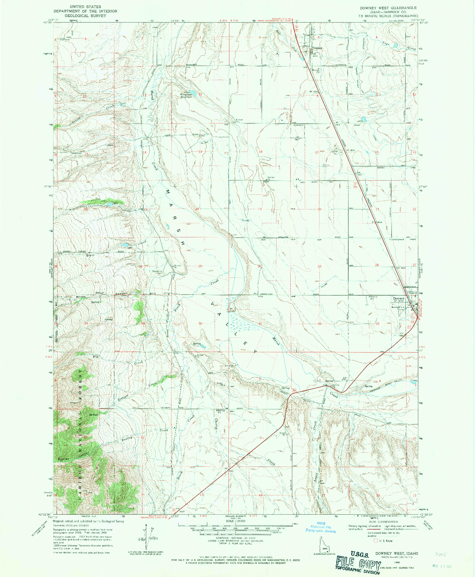 USGS 1:24000-SCALE QUADRANGLE FOR DOWNEY WEST, ID 1968