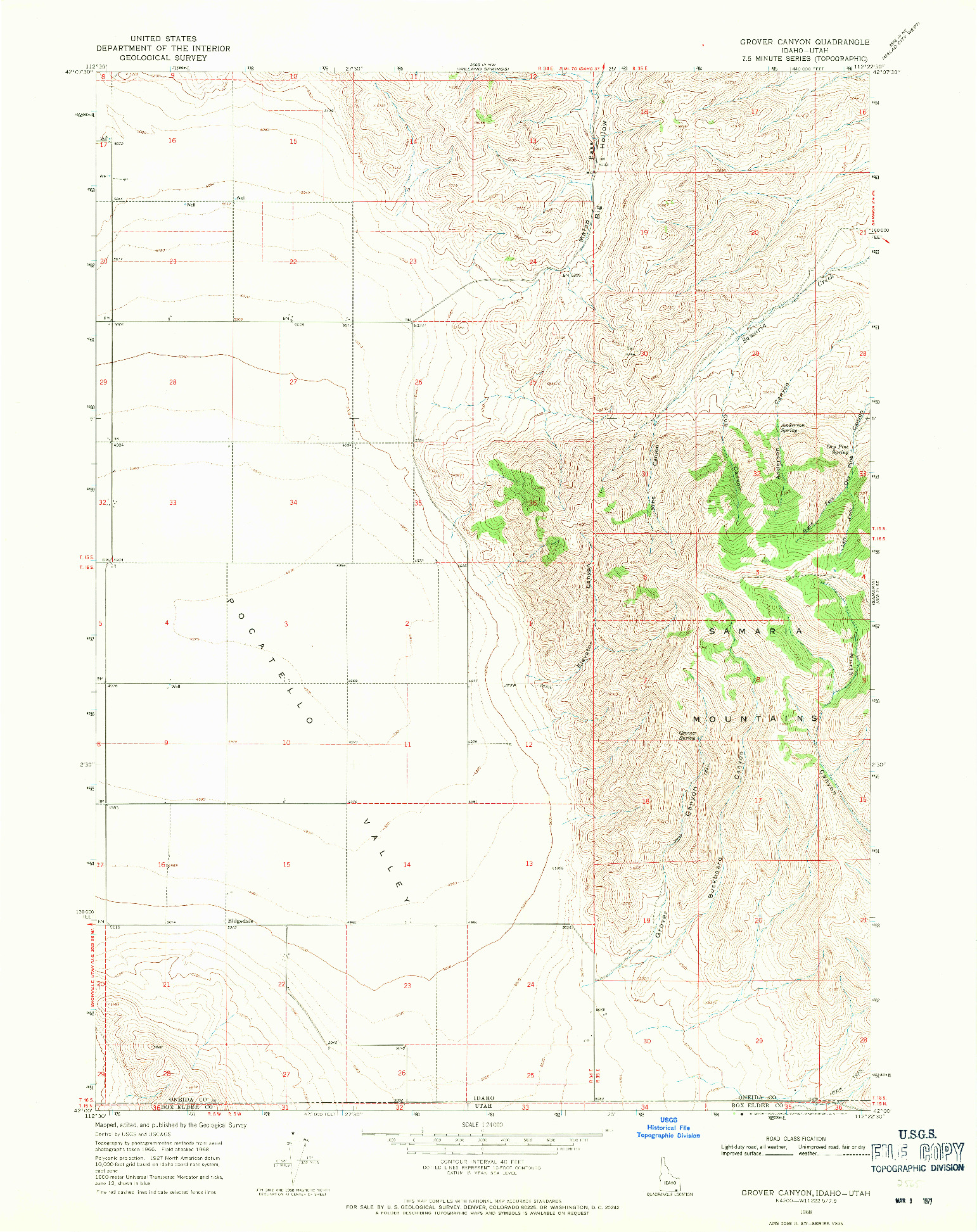 USGS 1:24000-SCALE QUADRANGLE FOR GROVER CANYON, ID 1968