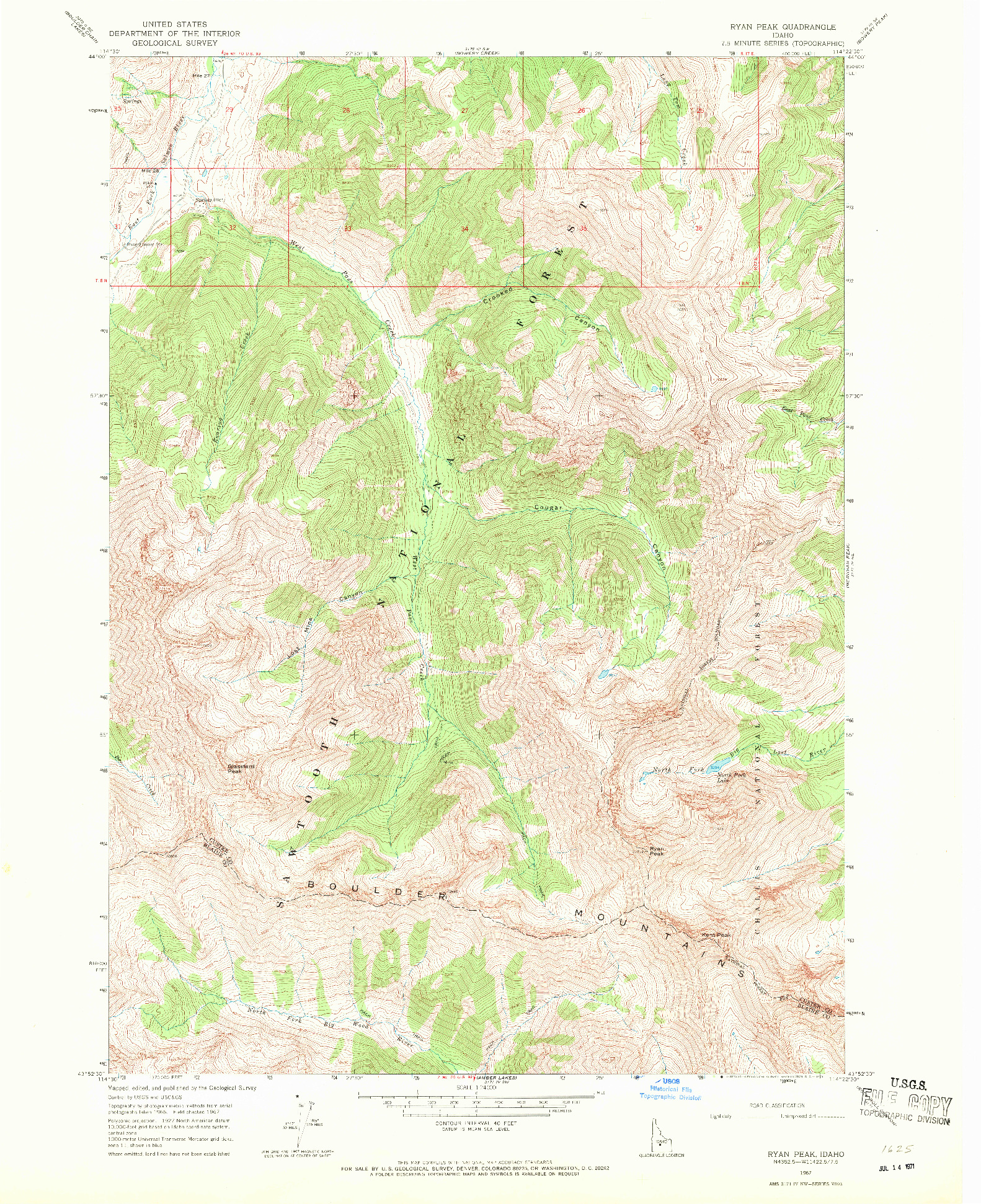 USGS 1:24000-SCALE QUADRANGLE FOR RYAN PEAK, ID 1967