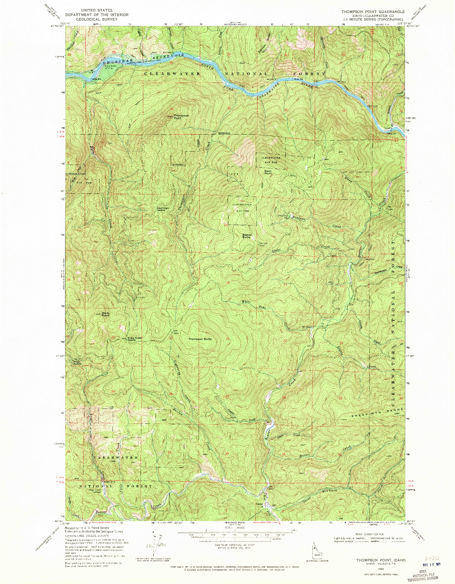 USGS 1:24000-SCALE QUADRANGLE FOR THOMPSON POINT, ID 1969