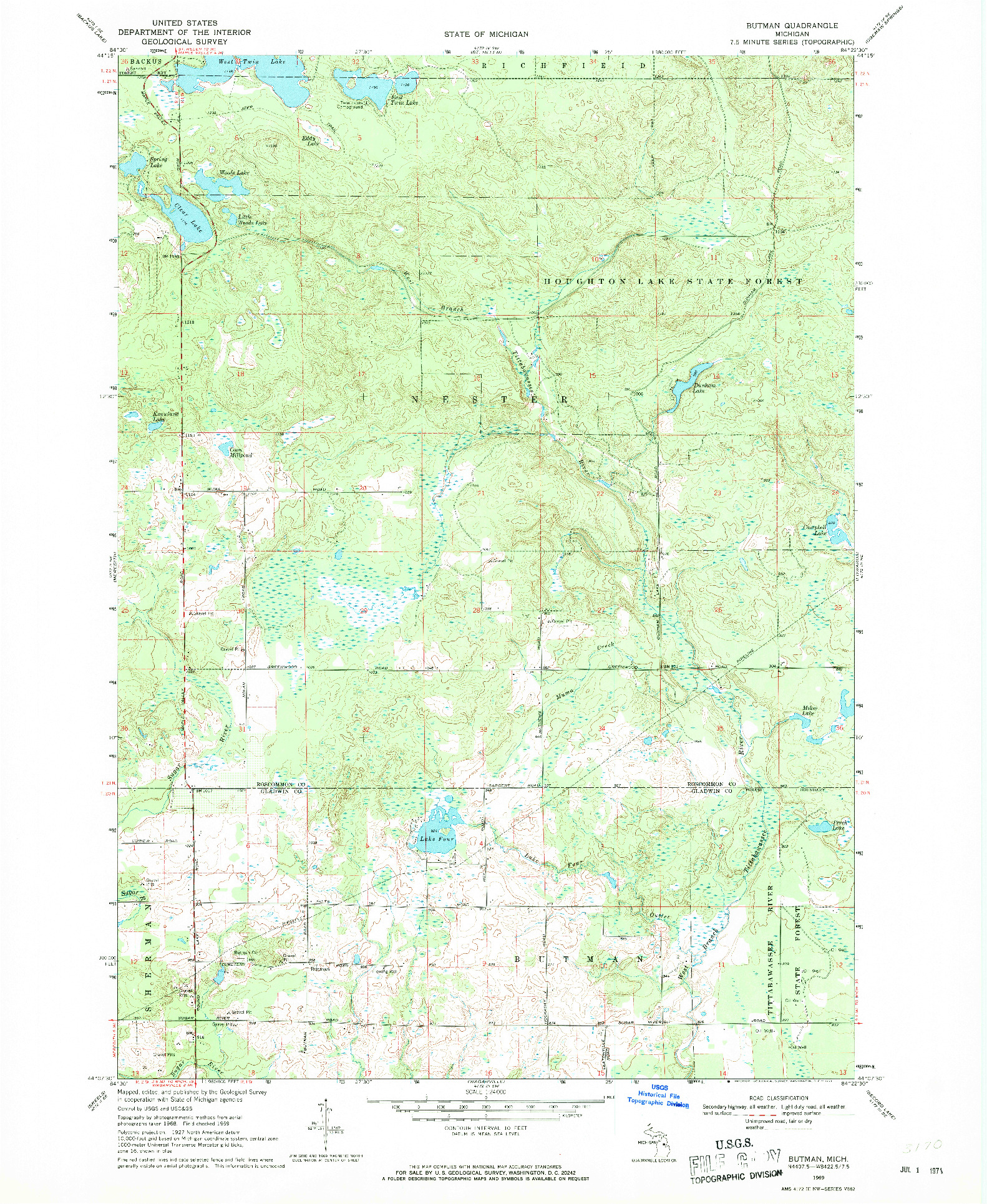 USGS 1:24000-SCALE QUADRANGLE FOR BURTMAN, MI 1969