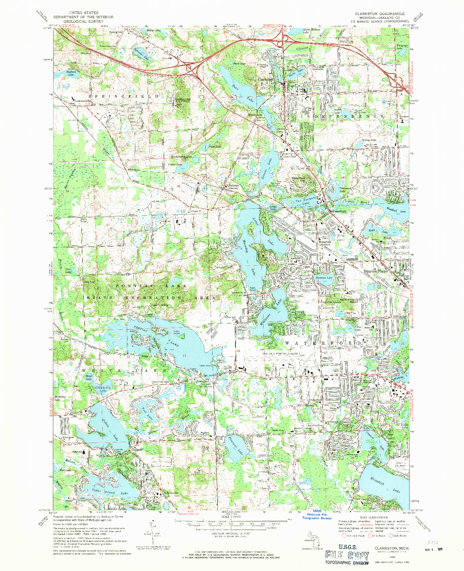 USGS 1:24000-SCALE QUADRANGLE FOR CLARKSTON, MI 1968