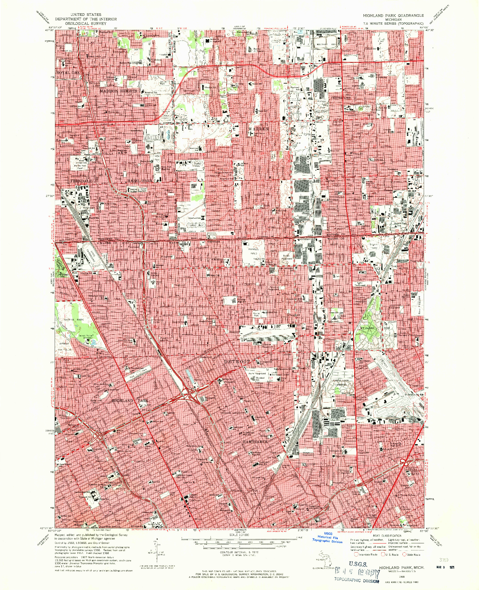 USGS 1:24000-SCALE QUADRANGLE FOR HIGHLAND PARK, MI 1968