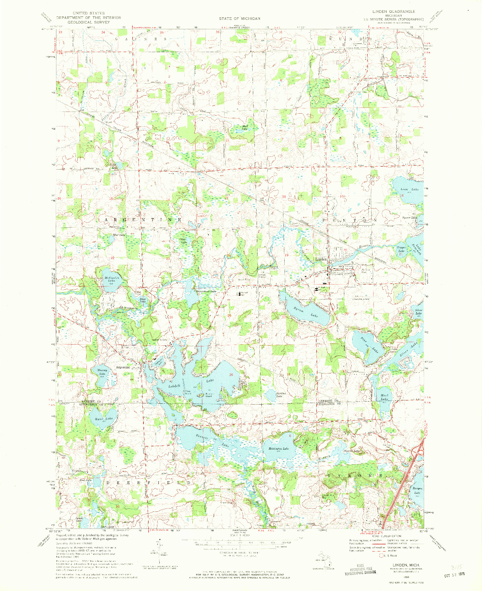 USGS 1:24000-SCALE QUADRANGLE FOR LINDEN, MI 1969