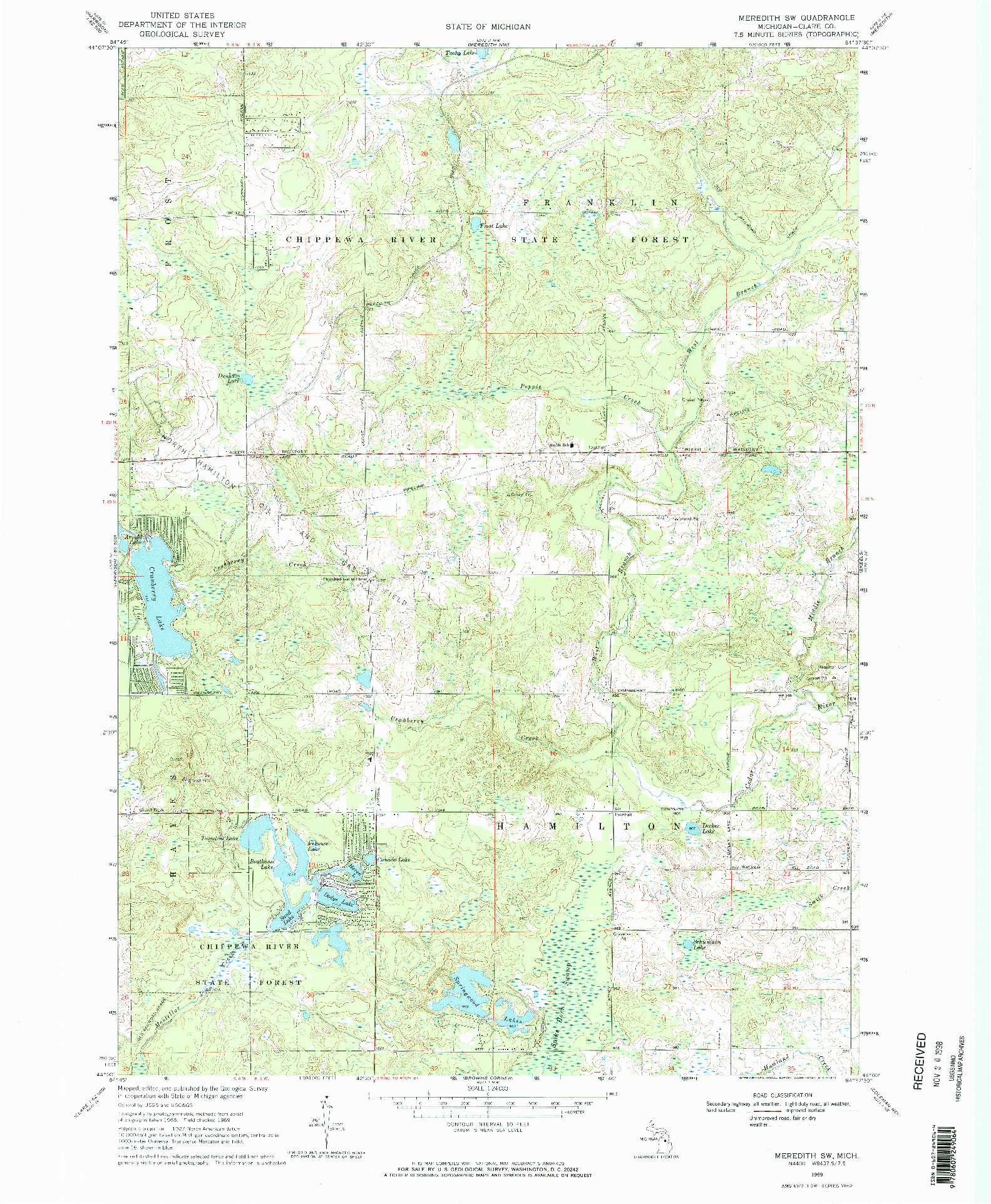 USGS 1:24000-SCALE QUADRANGLE FOR MEREDITH SW, MI 1969