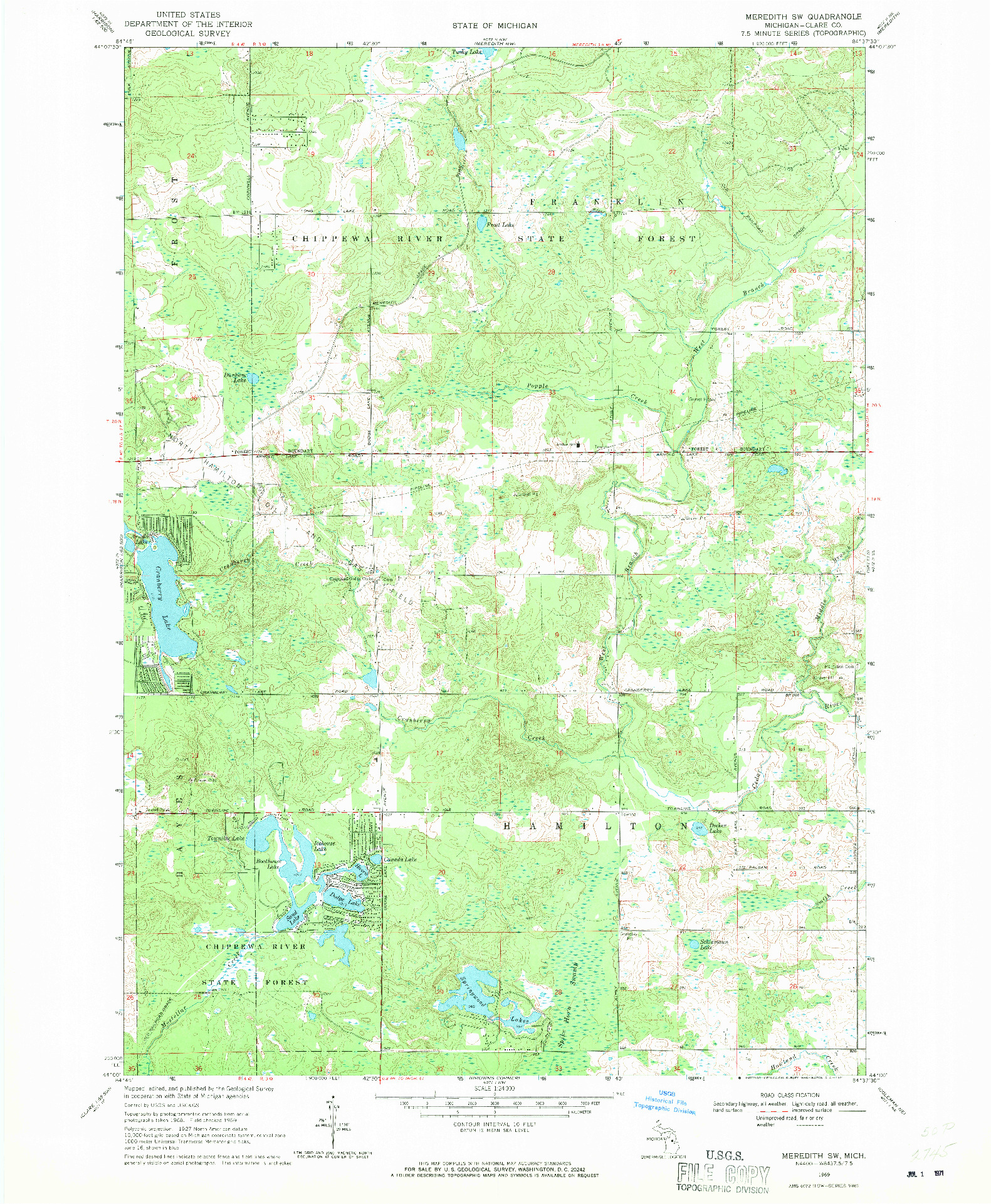 USGS 1:24000-SCALE QUADRANGLE FOR MEREDITH SW, MI 1969