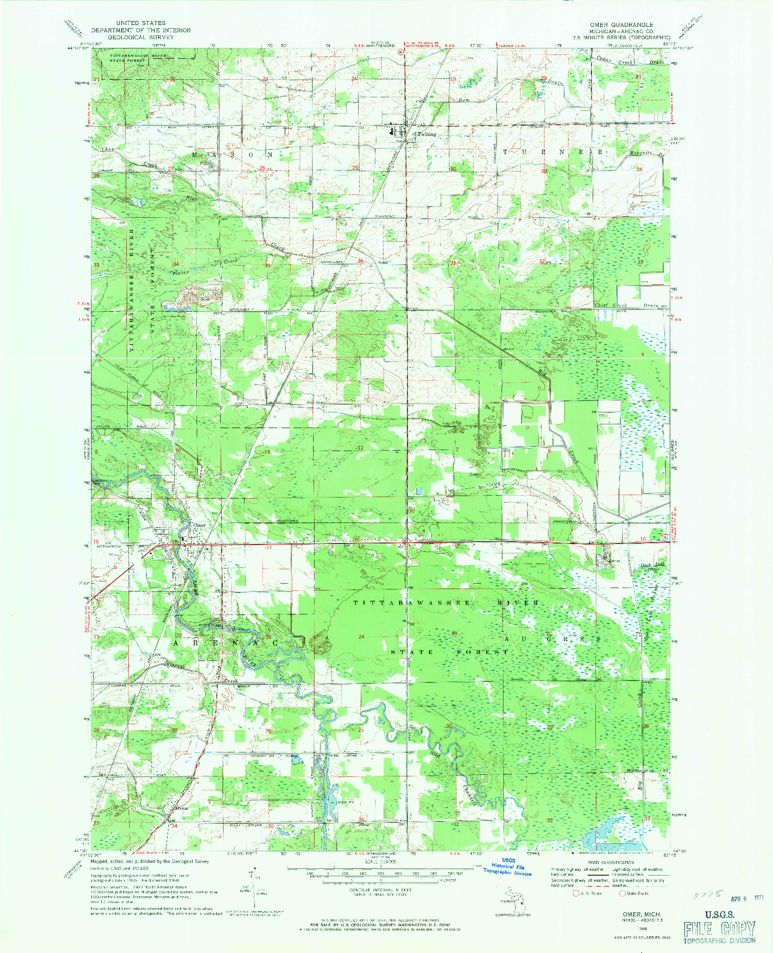 USGS 1:24000-SCALE QUADRANGLE FOR OMER, MI 1968