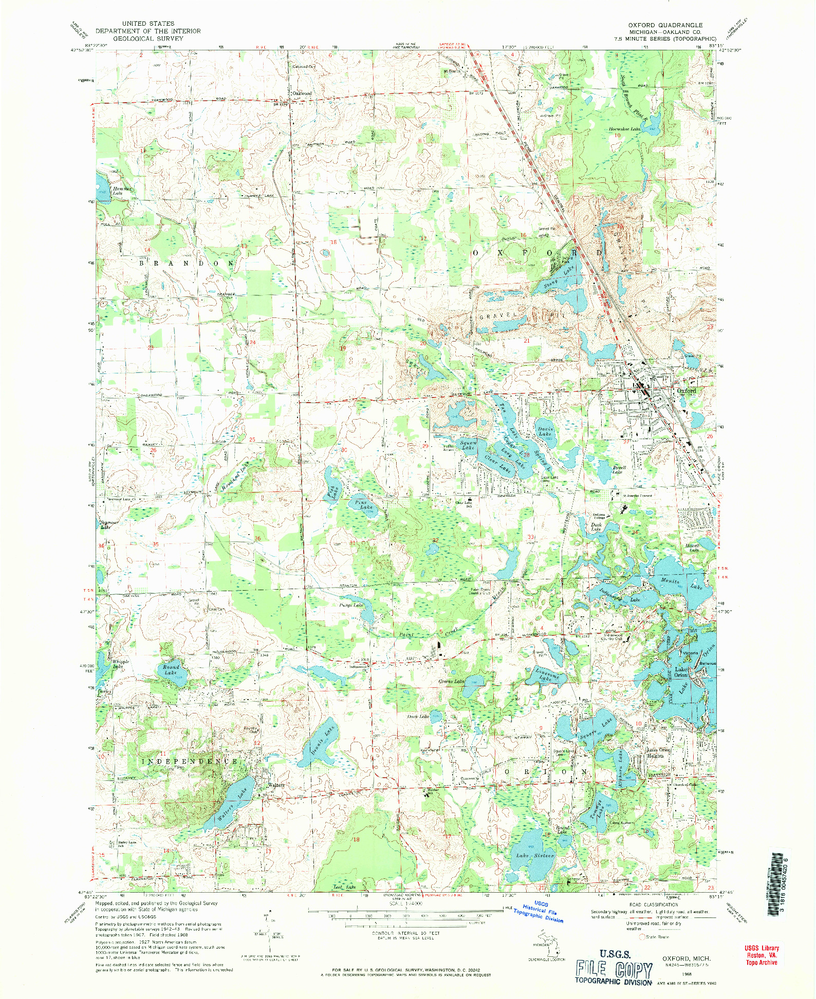 USGS 1:24000-SCALE QUADRANGLE FOR OXFORD, MI 1968