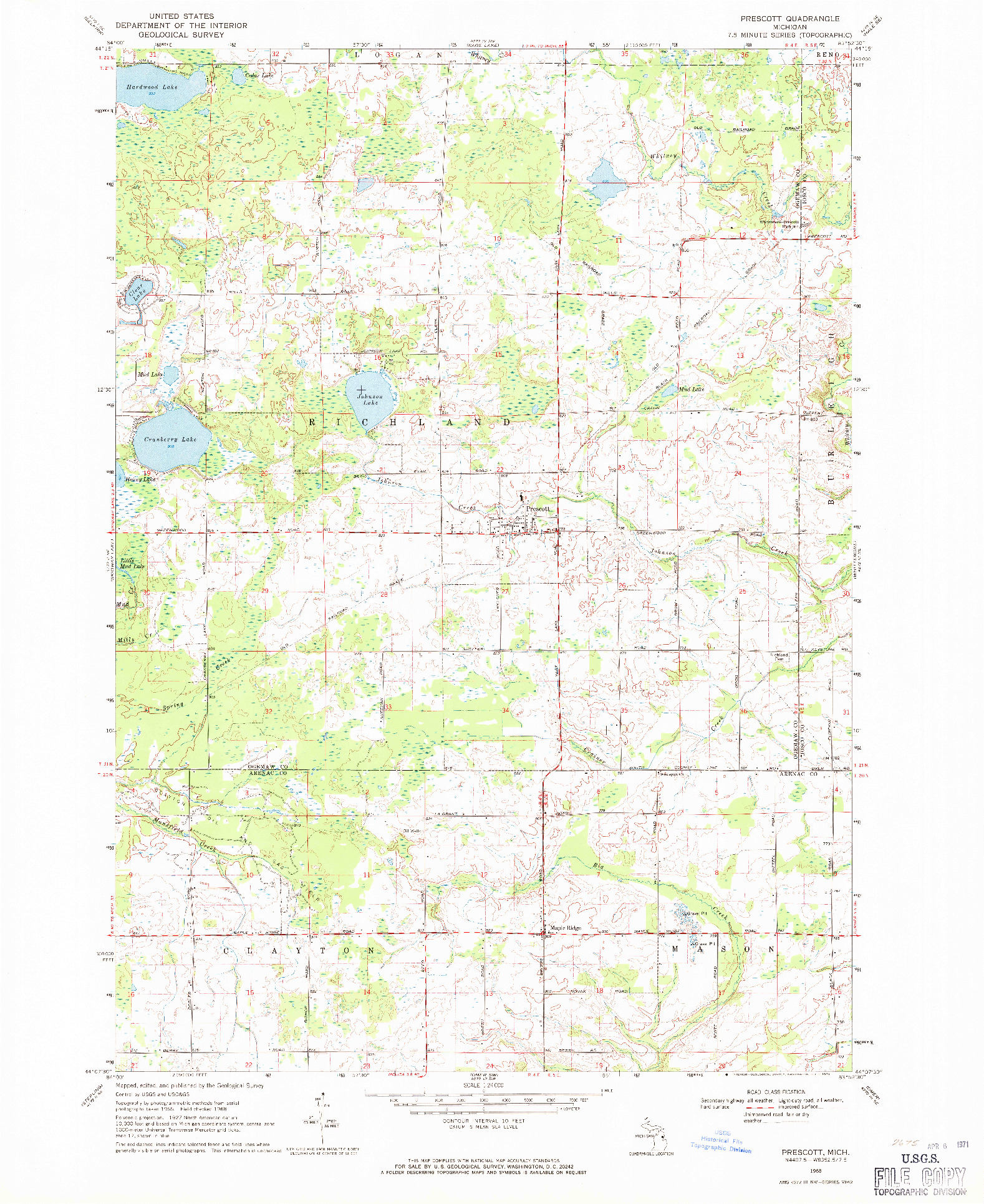 USGS 1:24000-SCALE QUADRANGLE FOR PRESCOTT, MI 1968