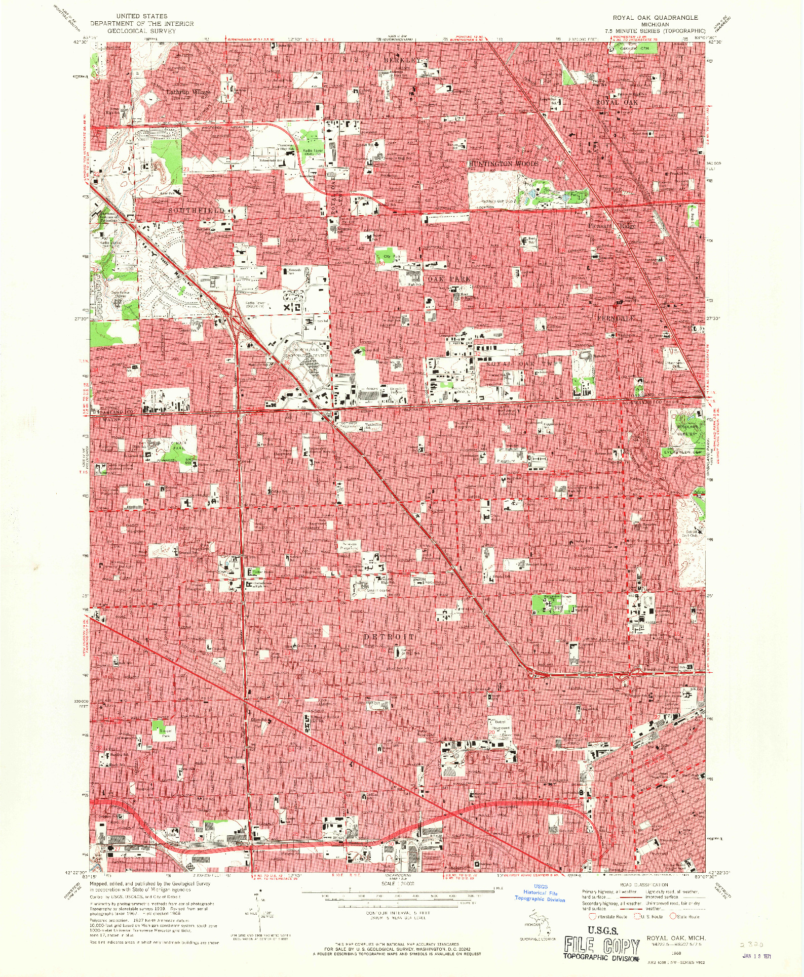 USGS 1:24000-SCALE QUADRANGLE FOR ROYAL OAK, MI 1968