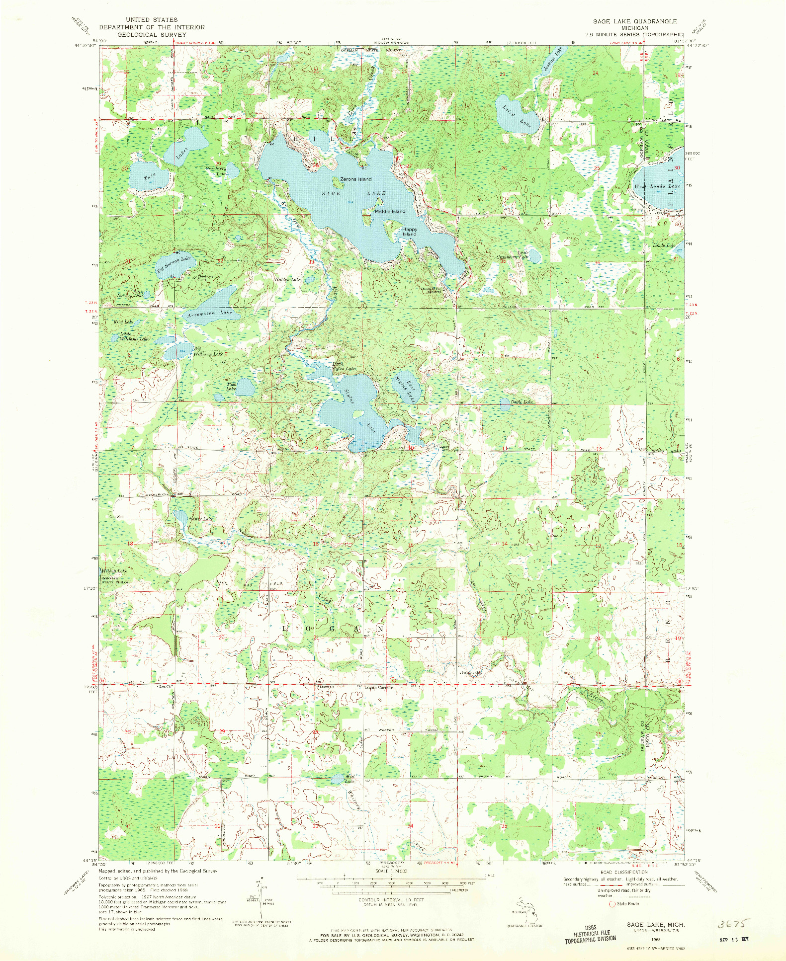 USGS 1:24000-SCALE QUADRANGLE FOR SAGE LAKE, MI 1968