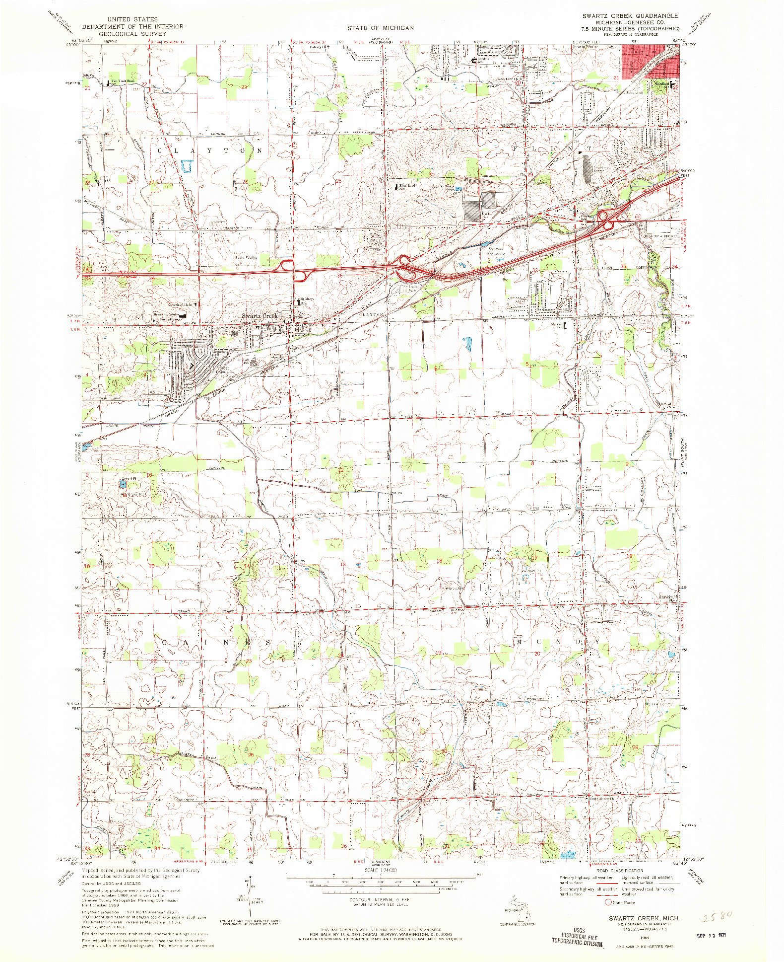 USGS 1:24000-SCALE QUADRANGLE FOR SWARTZ CREEK, MI 1969