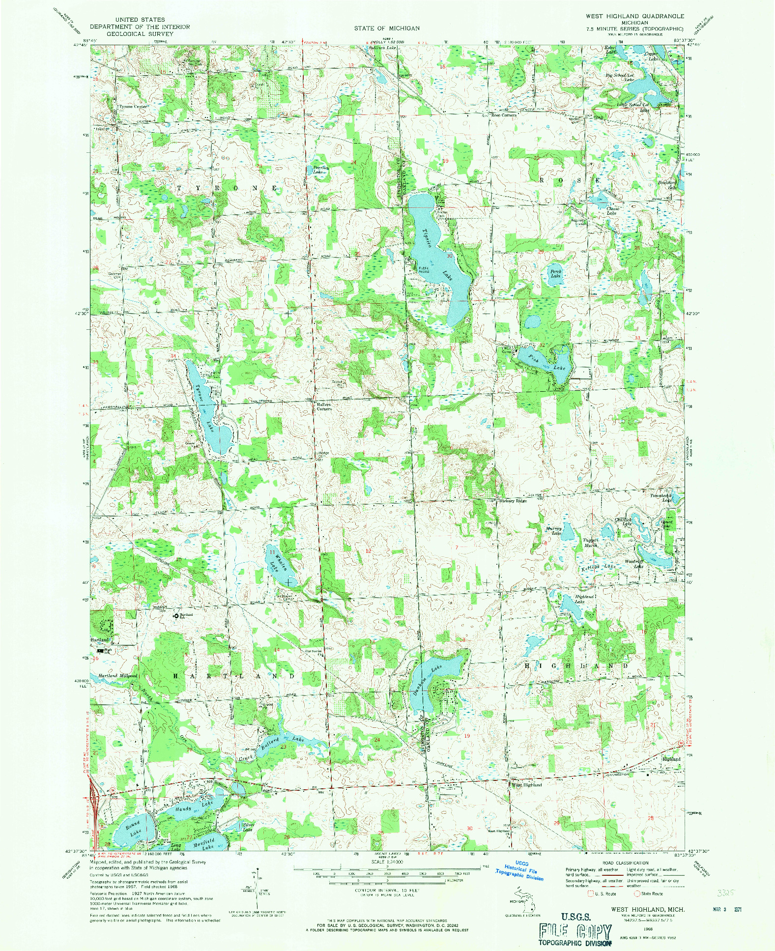 USGS 1:24000-SCALE QUADRANGLE FOR WEST HIGHLAND, MI 1968