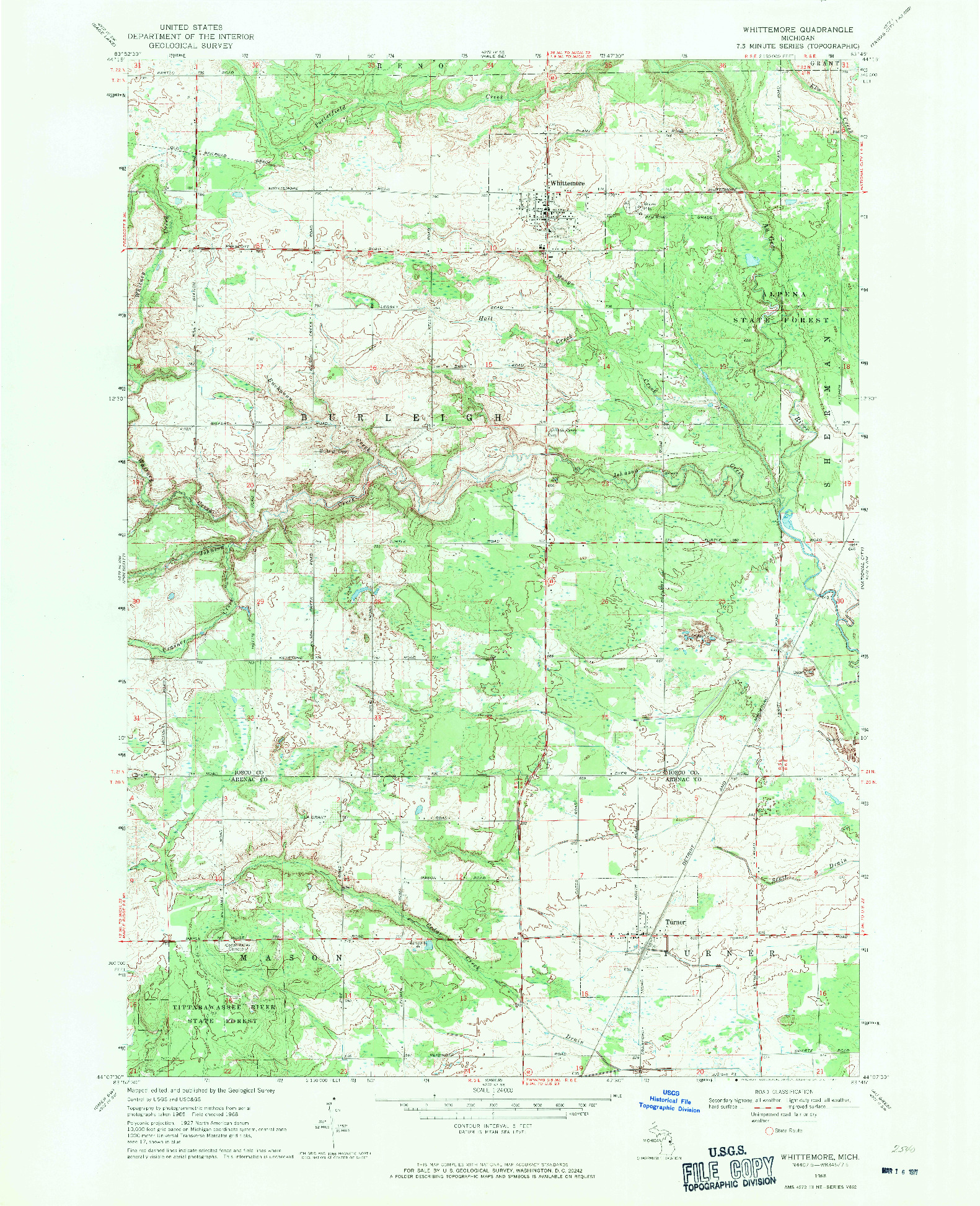 USGS 1:24000-SCALE QUADRANGLE FOR WHITTEMORE, MI 1968