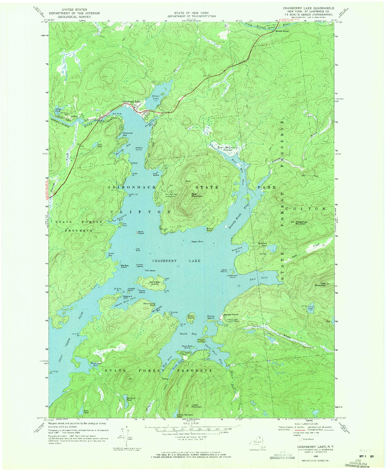 USGS 1:24000-SCALE QUADRANGLE FOR CRANBERRY LAKE, NY 1968