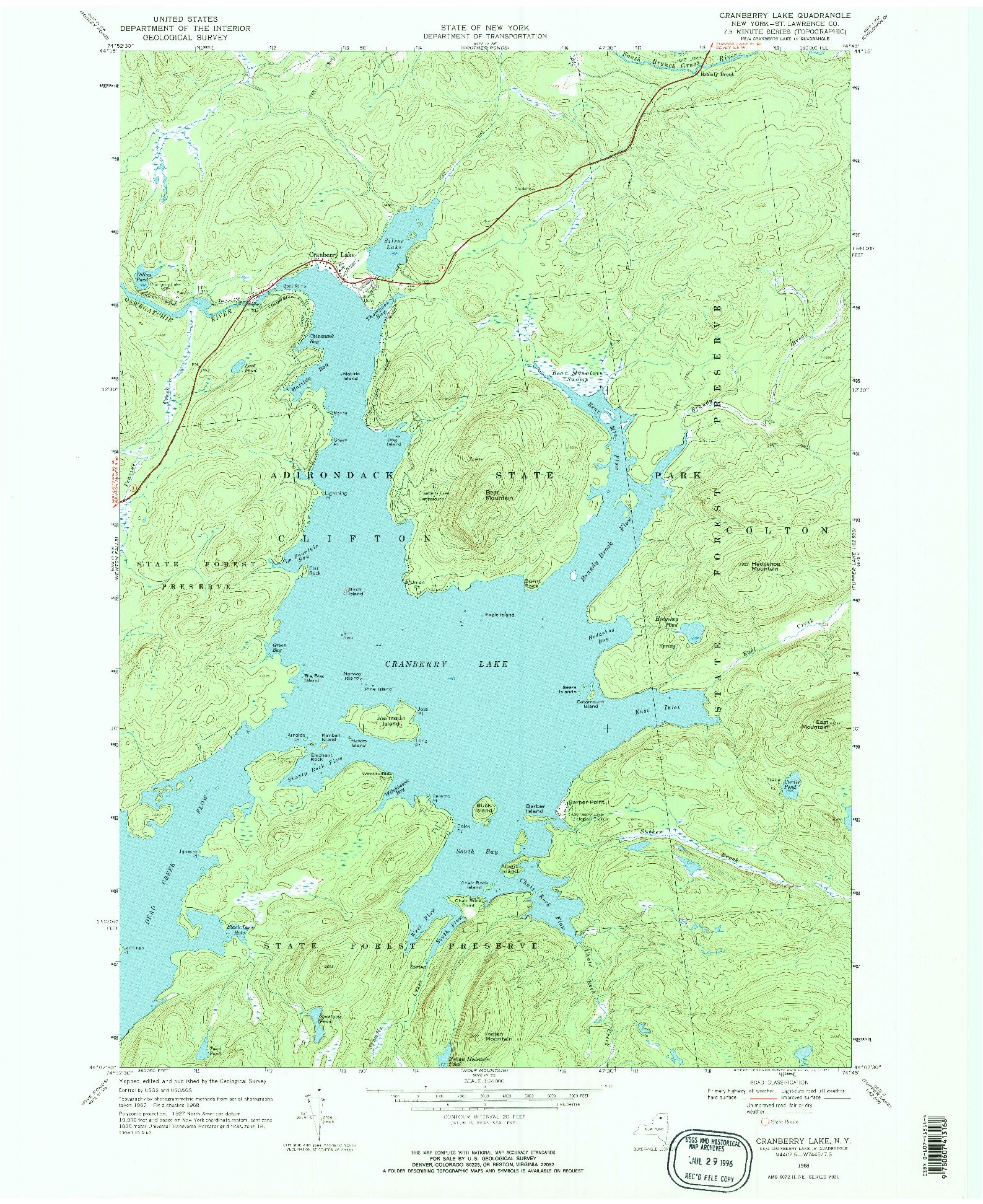 USGS 1:24000-SCALE QUADRANGLE FOR CRANBERRY LAKE, NY 1968