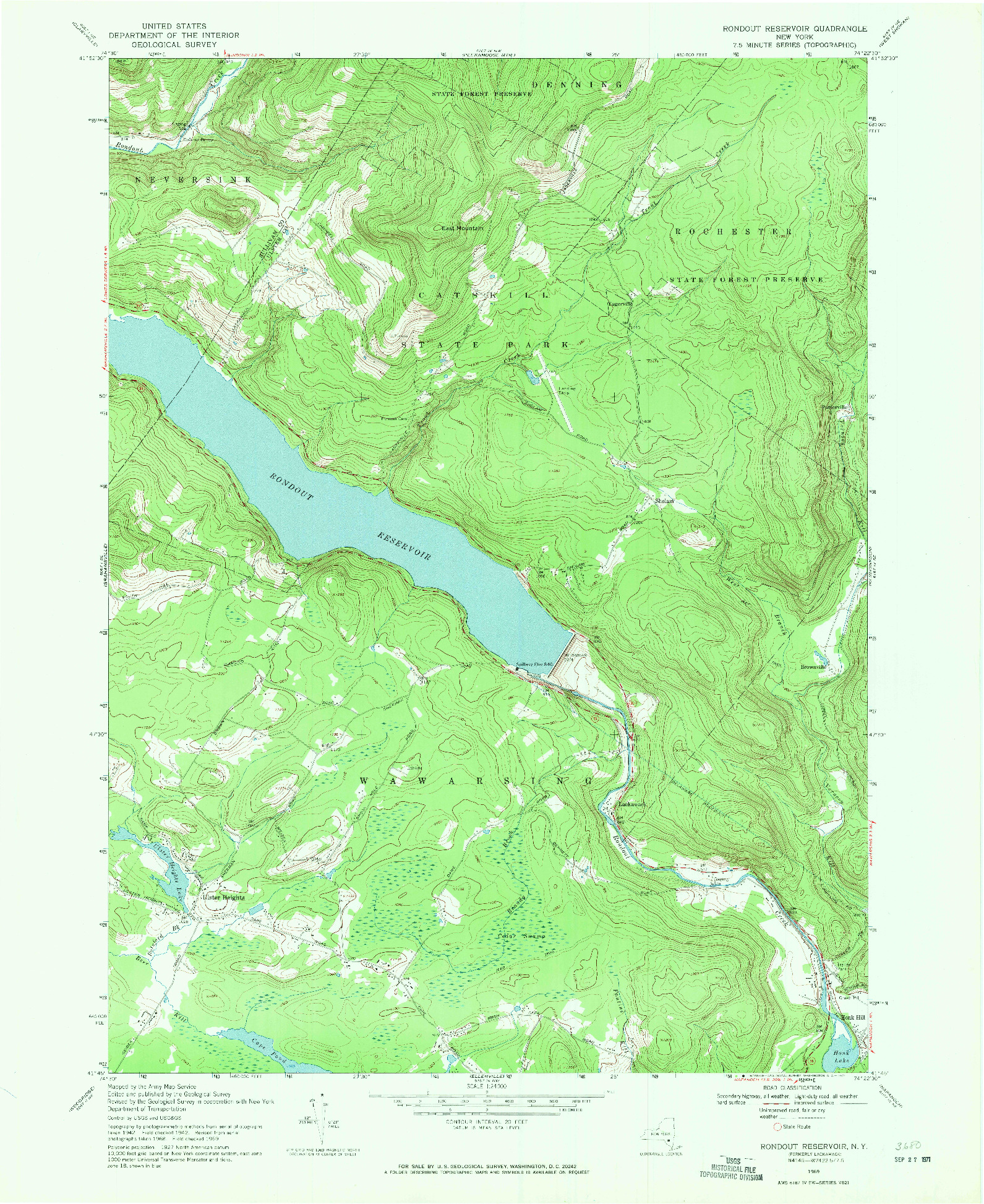 USGS 1:24000-SCALE QUADRANGLE FOR RONDOUT RESERVOIR, NY 1969