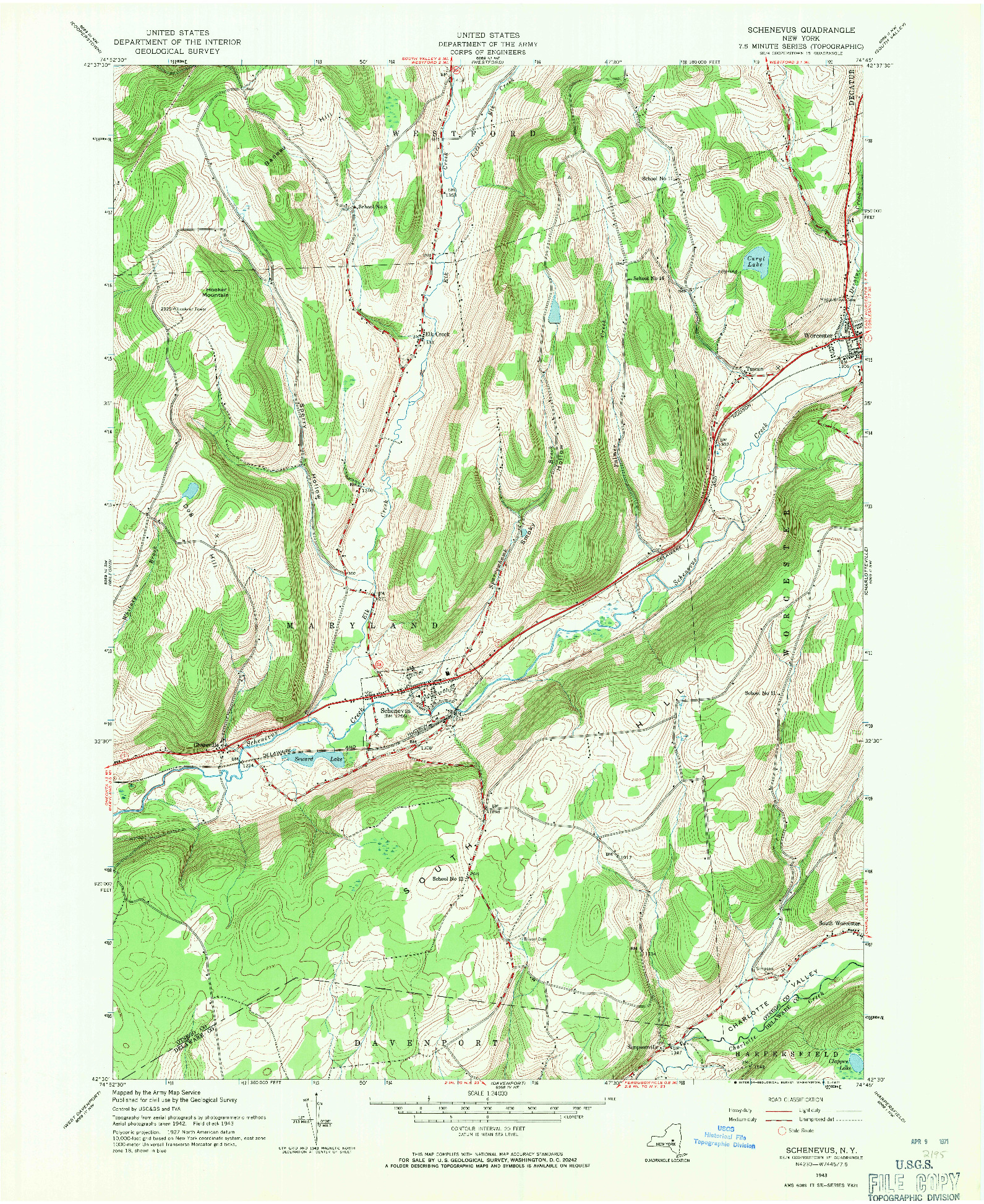 USGS 1:24000-SCALE QUADRANGLE FOR SCHENEVUS, NY 1943