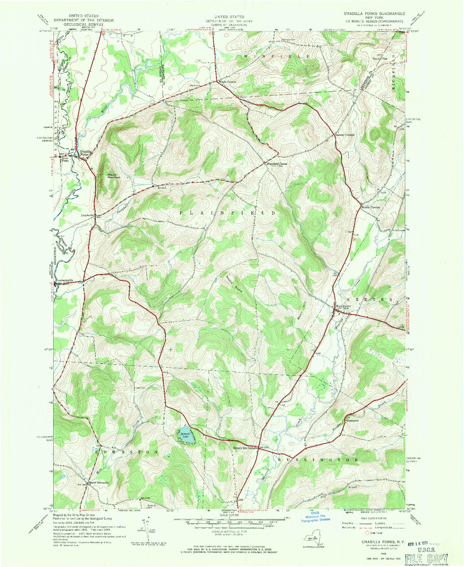 USGS 1:24000-SCALE QUADRANGLE FOR UNADILLA FORKS, NY 1943