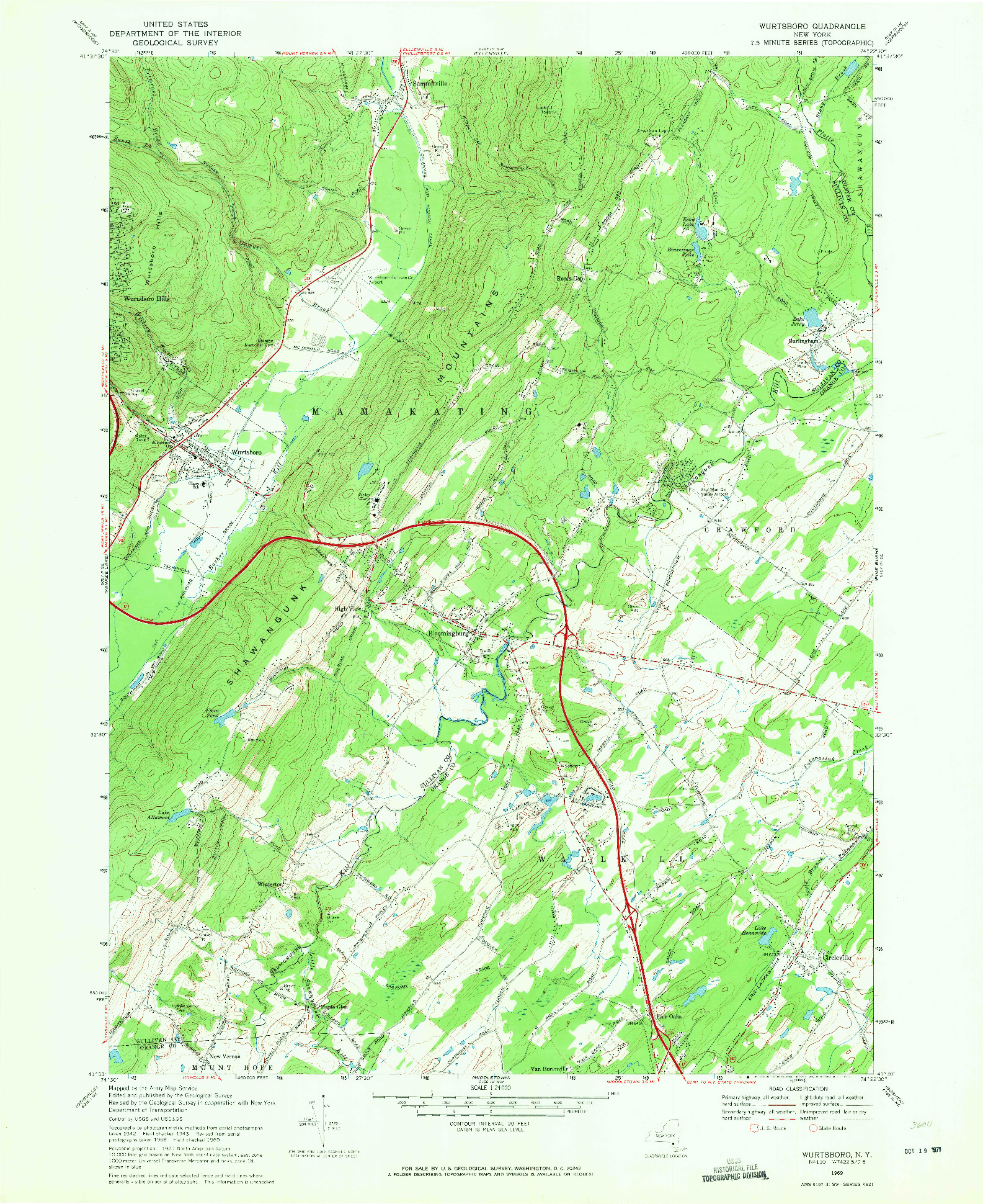 USGS 1:24000-SCALE QUADRANGLE FOR WURTSBORO, NY 1969