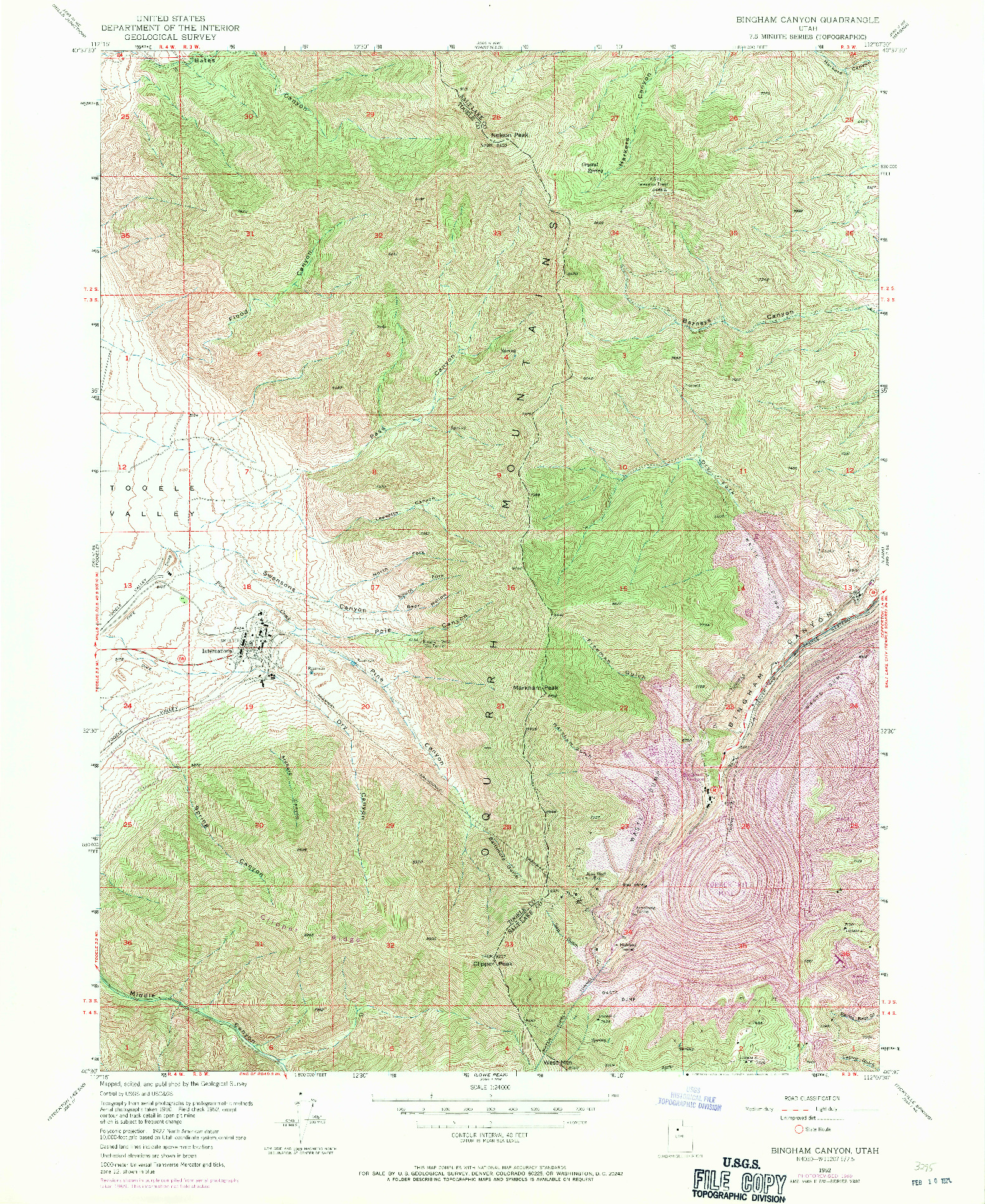 USGS 1:24000-SCALE QUADRANGLE FOR BINGHAM CANYON, UT 1952