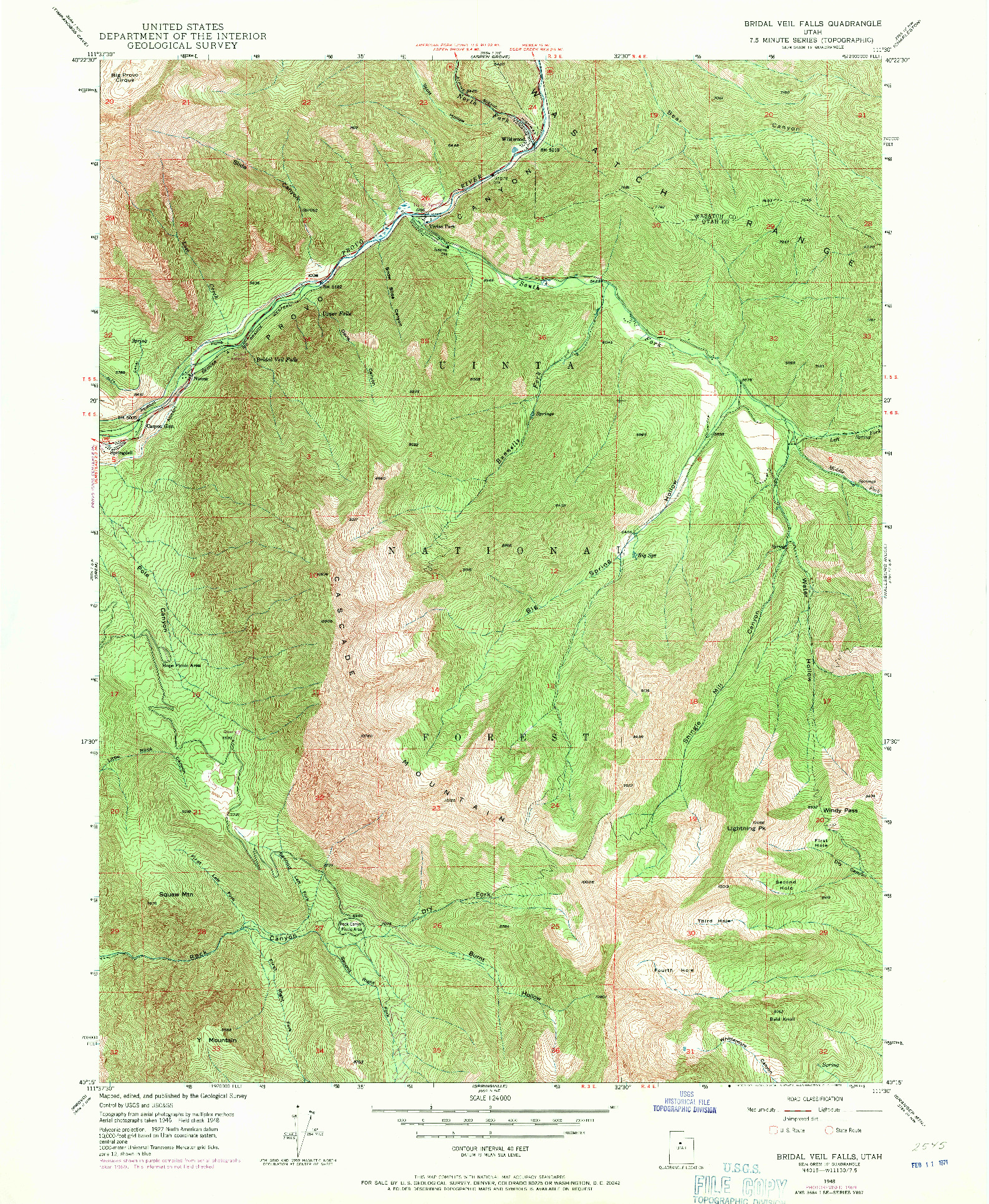 USGS 1:24000-SCALE QUADRANGLE FOR BRIDAL VEIL FALLS, UT 1948