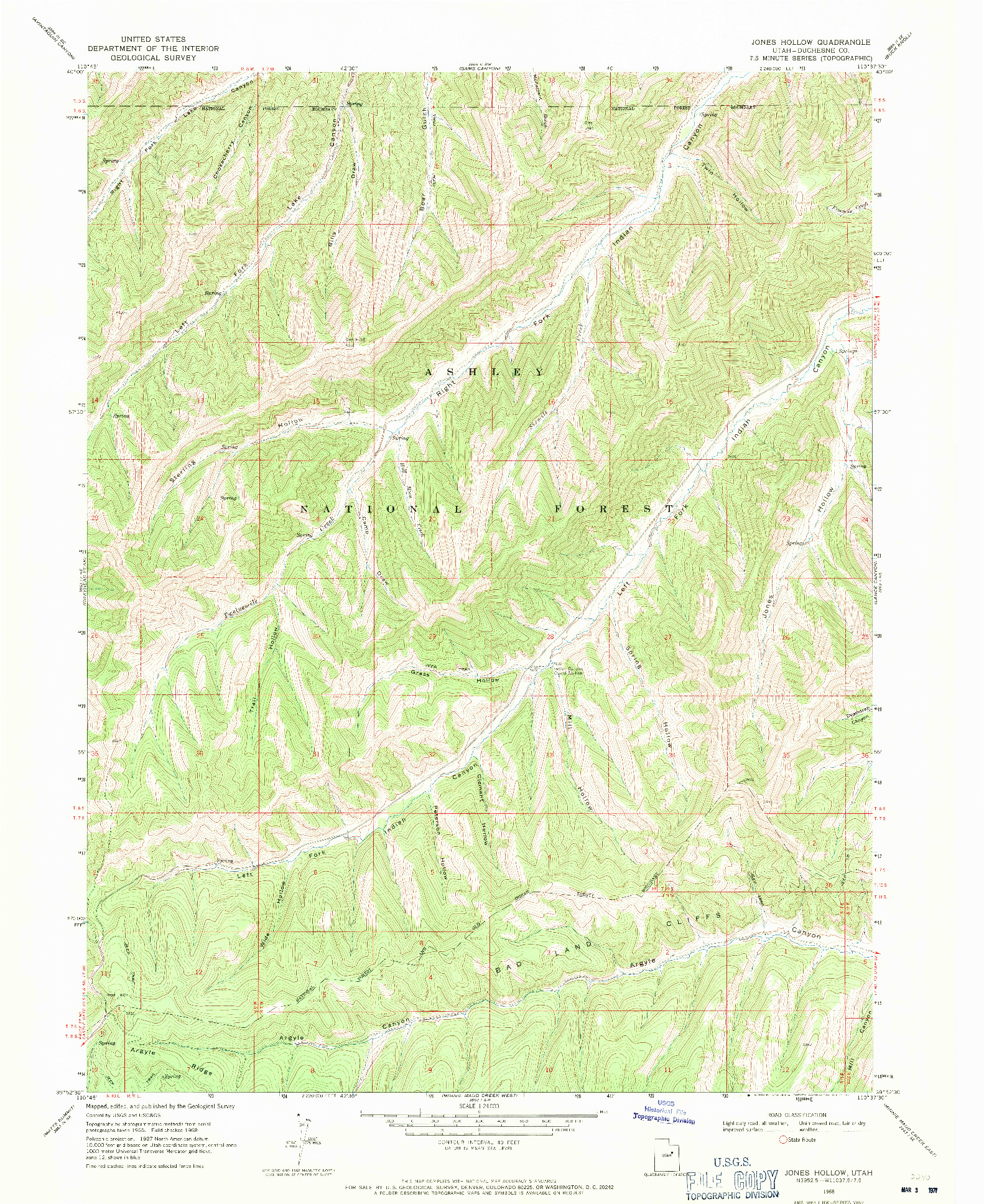 USGS 1:24000-SCALE QUADRANGLE FOR JONES HOLLOW, UT 1968