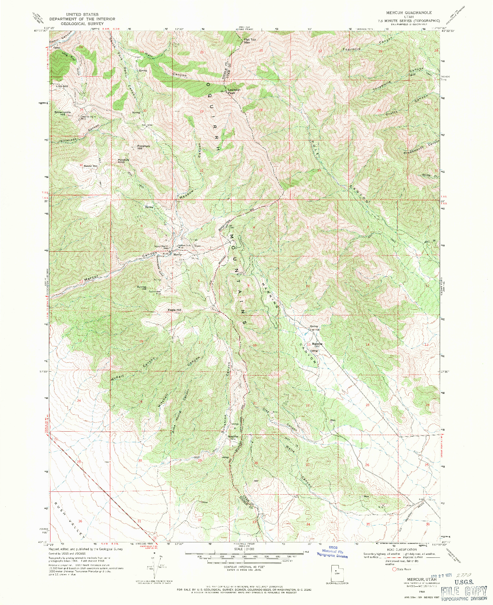 USGS 1:24000-SCALE QUADRANGLE FOR MERCUR, UT 1968