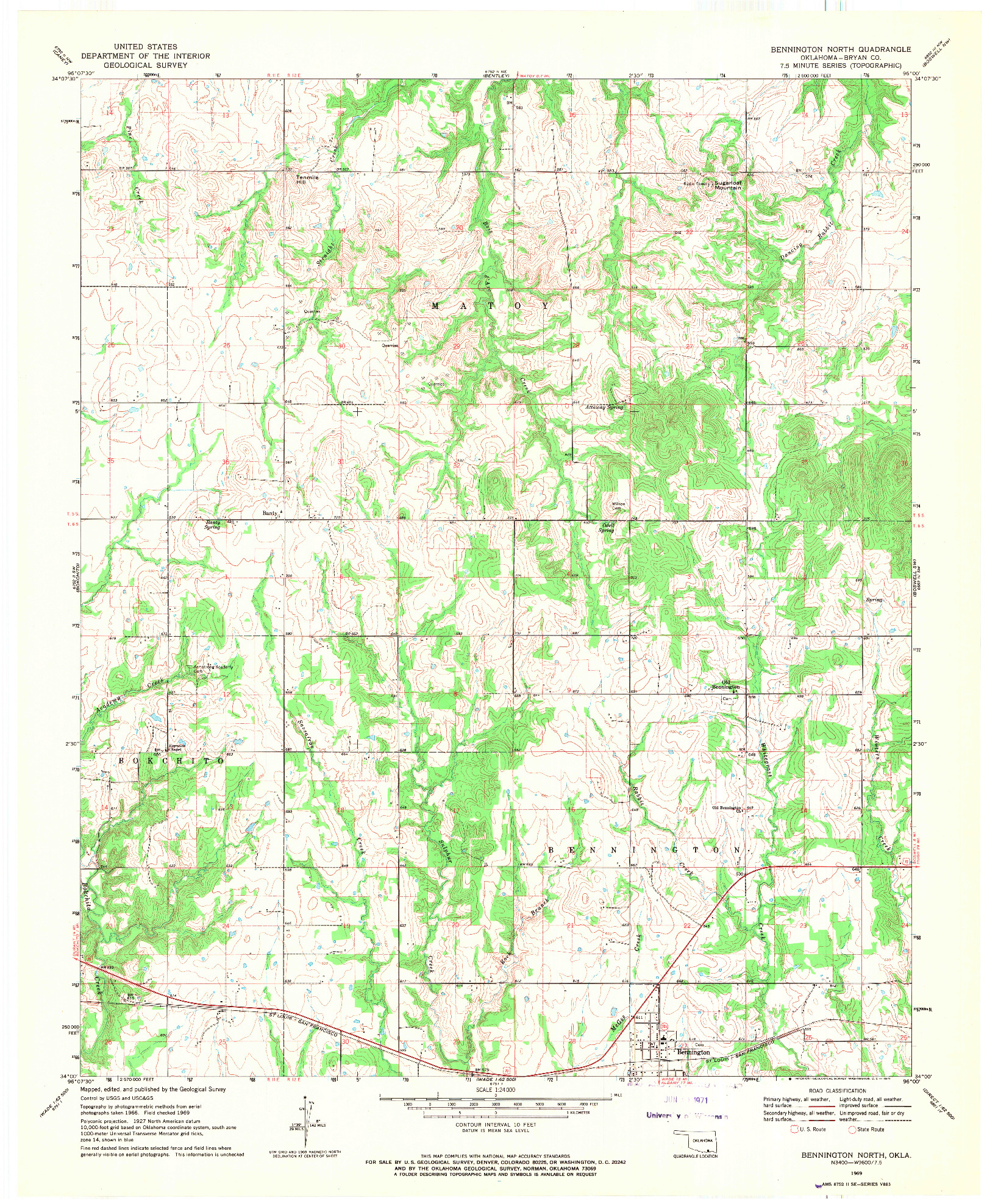 USGS 1:24000-SCALE QUADRANGLE FOR BENNINGTON NORTH, OK 1969