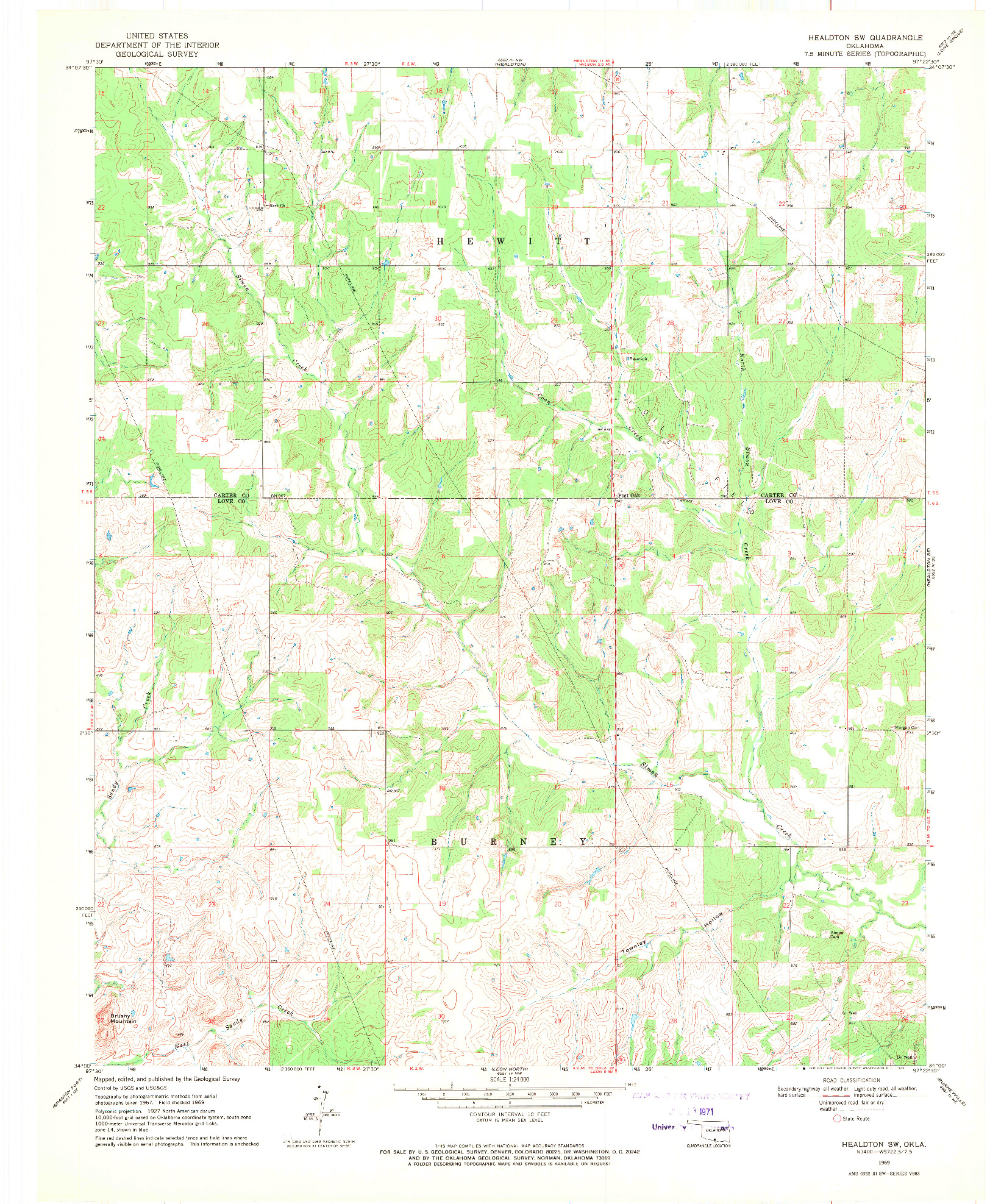 USGS 1:24000-SCALE QUADRANGLE FOR HEALDTON SW, OK 1969