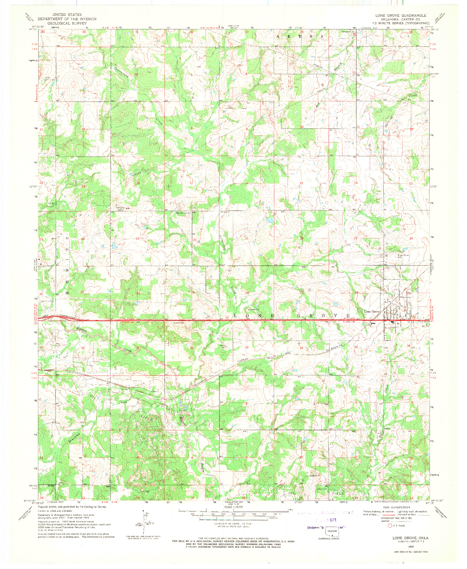 USGS 1:24000-SCALE QUADRANGLE FOR LONE GROVE, OK 1969