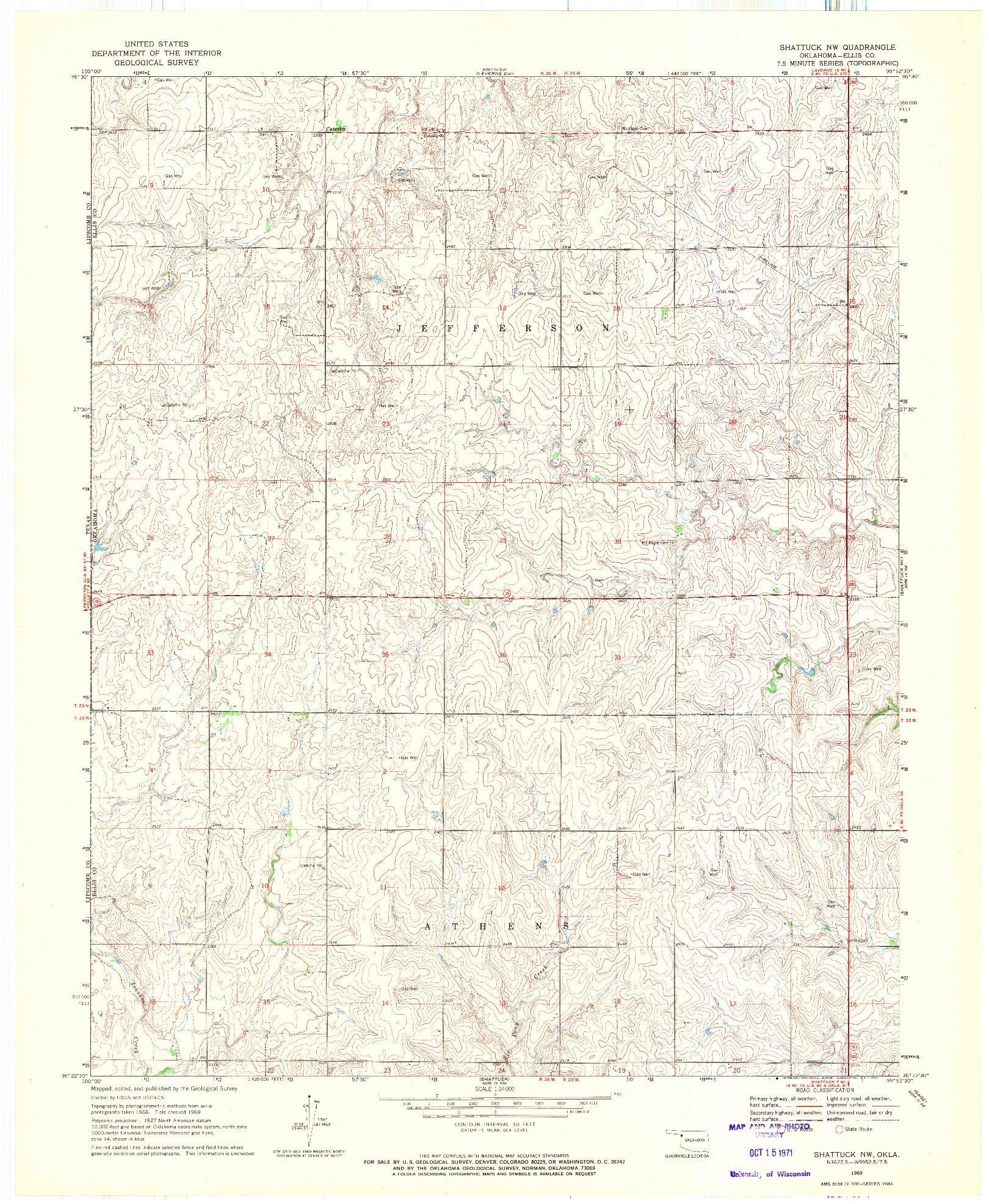 USGS 1:24000-SCALE QUADRANGLE FOR SHATTUCK NW, OK 1969