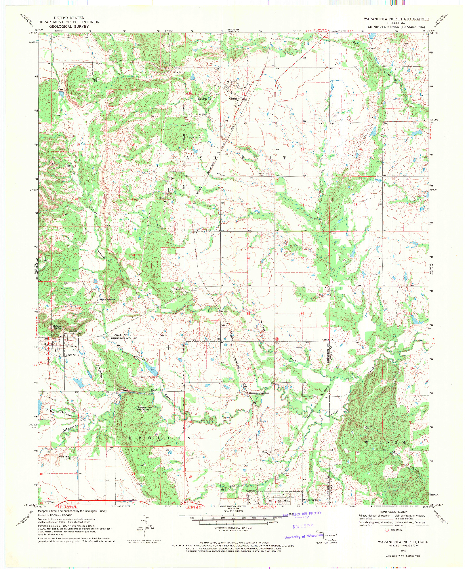 USGS 1:24000-SCALE QUADRANGLE FOR WAPANUCKA NORTH, OK 1969