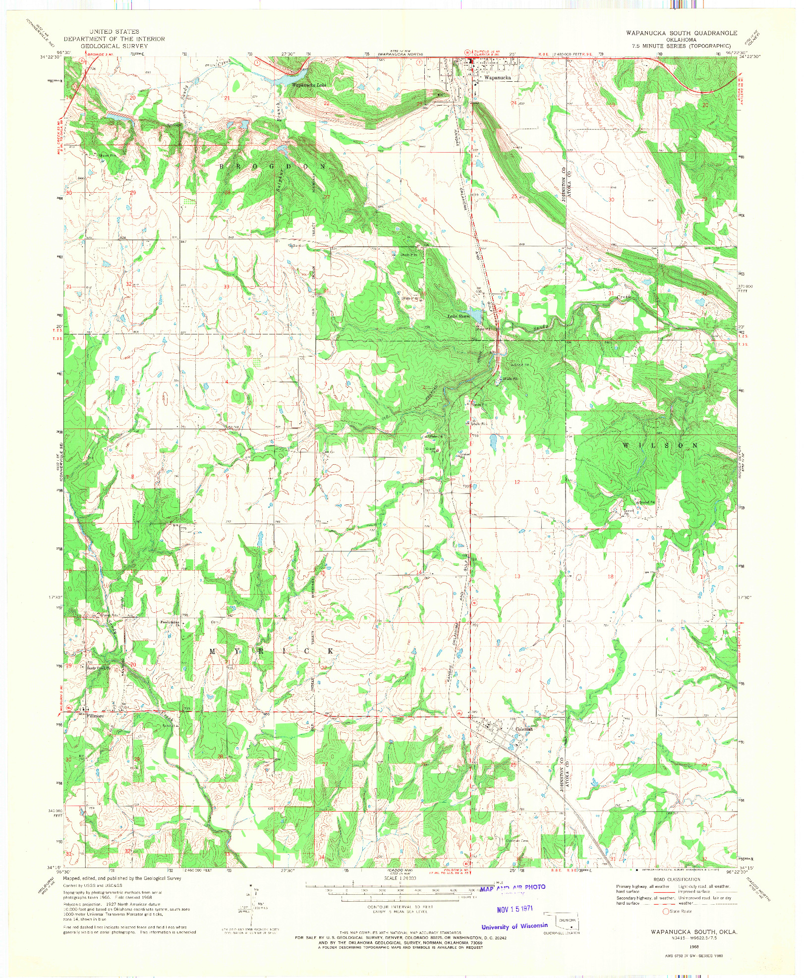 USGS 1:24000-SCALE QUADRANGLE FOR WAPANUCKA SOUTH, OK 1968