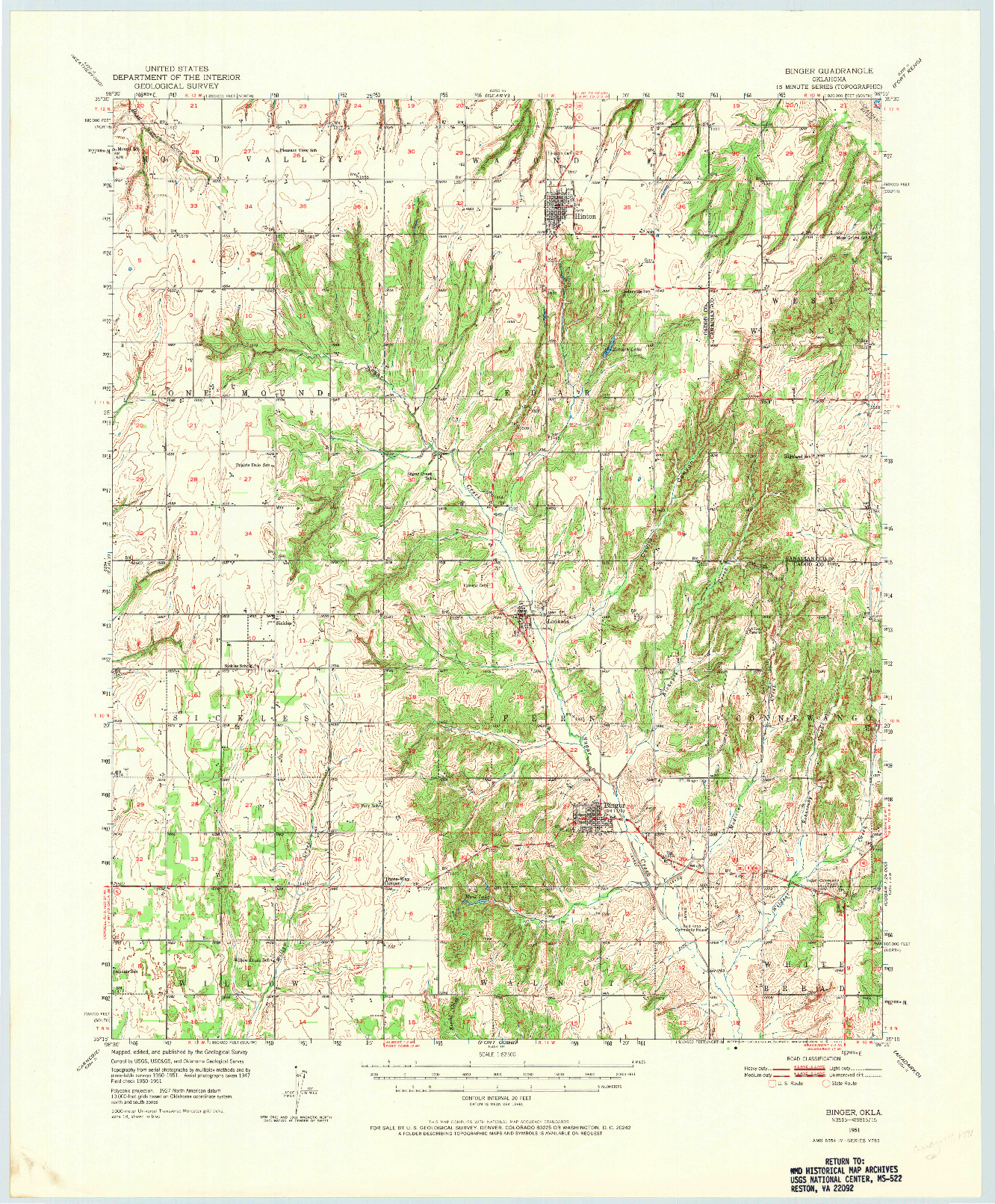 USGS 1:62500-SCALE QUADRANGLE FOR BINGER, OK 1951