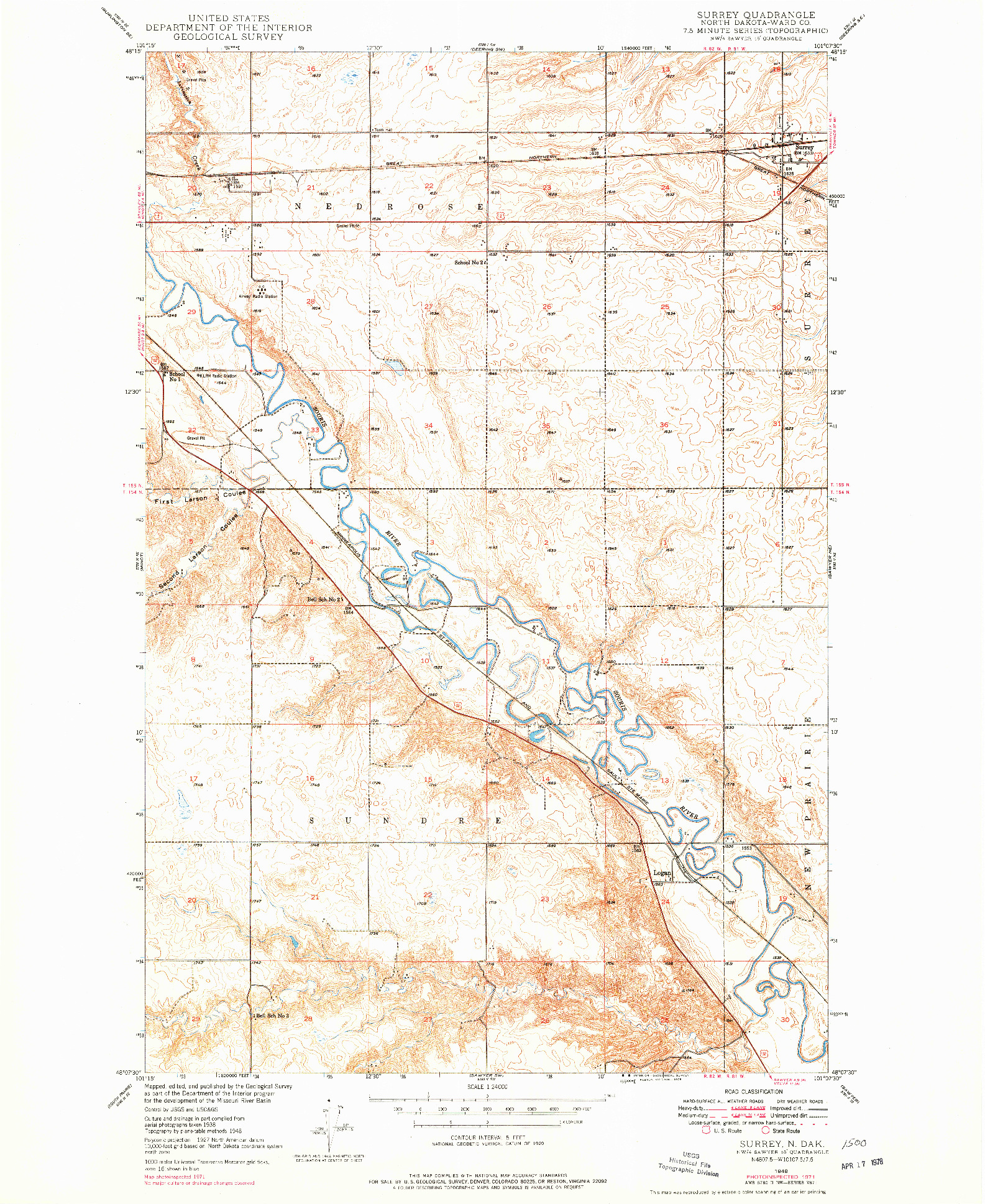 USGS 1:24000-SCALE QUADRANGLE FOR SURREY, ND 1971