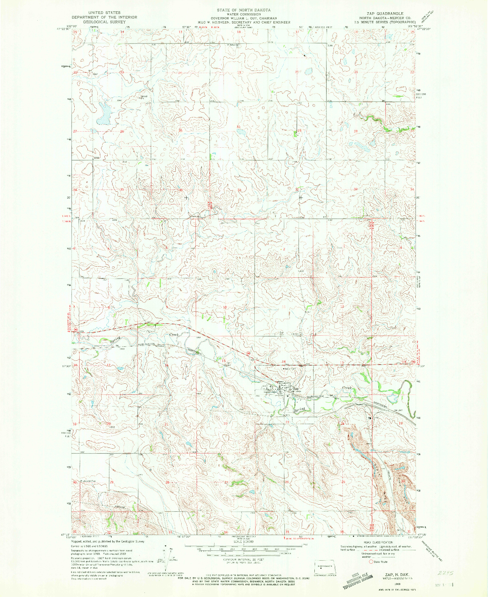 USGS 1:24000-SCALE QUADRANGLE FOR ZAP, ND 1969