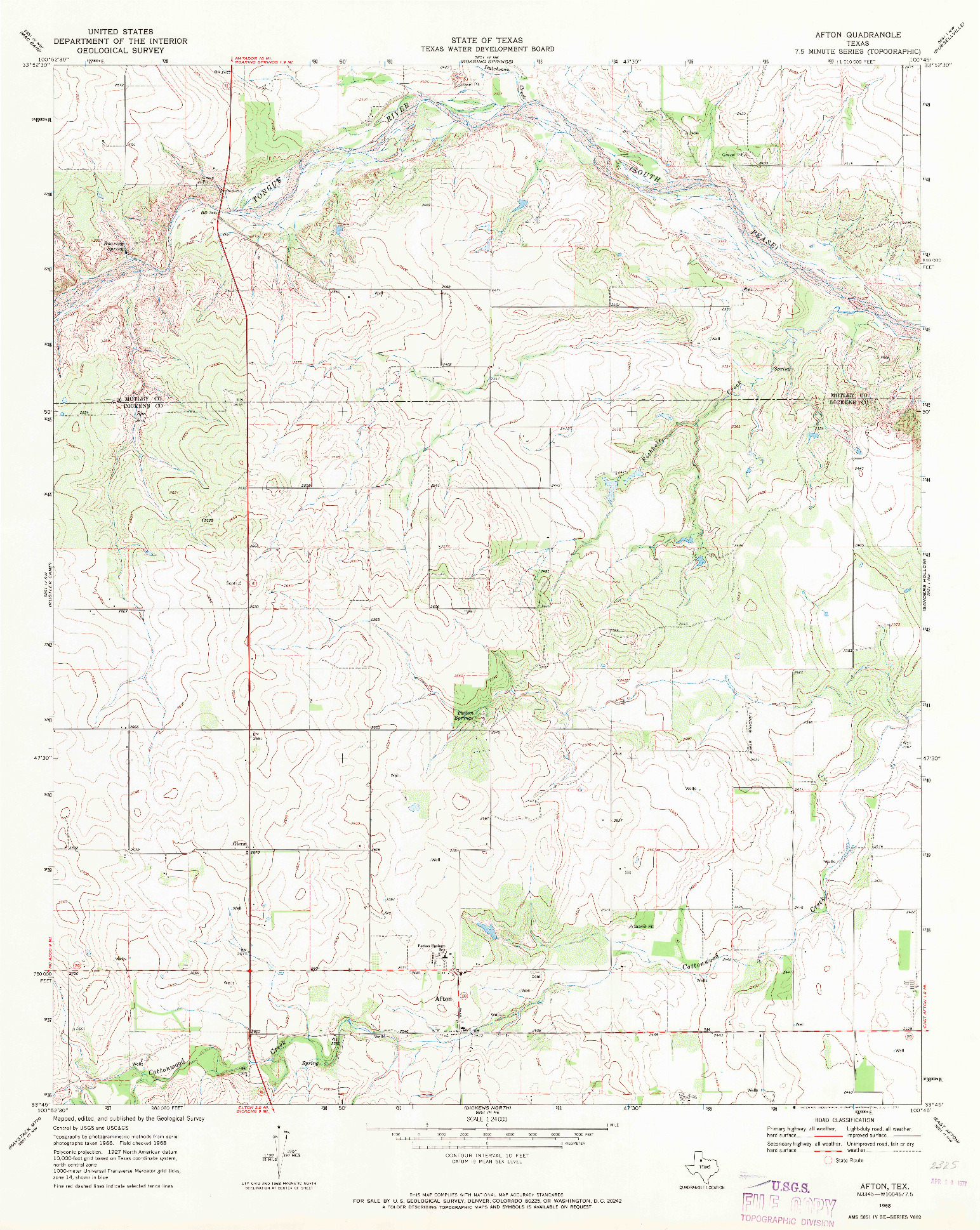 USGS 1:24000-SCALE QUADRANGLE FOR AFTON, TX 1968