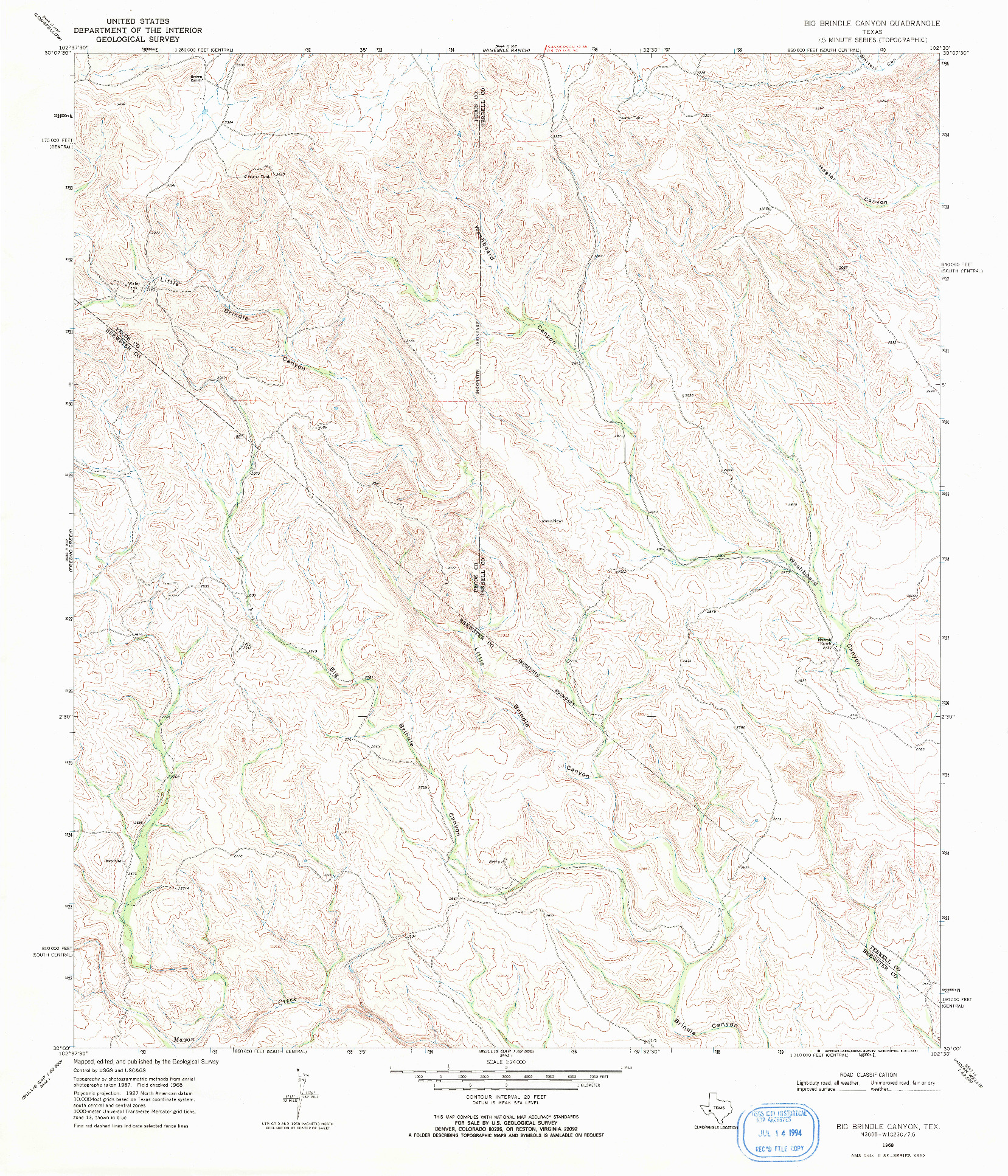 USGS 1:24000-SCALE QUADRANGLE FOR BIG BRINDLE CANYON, TX 1968