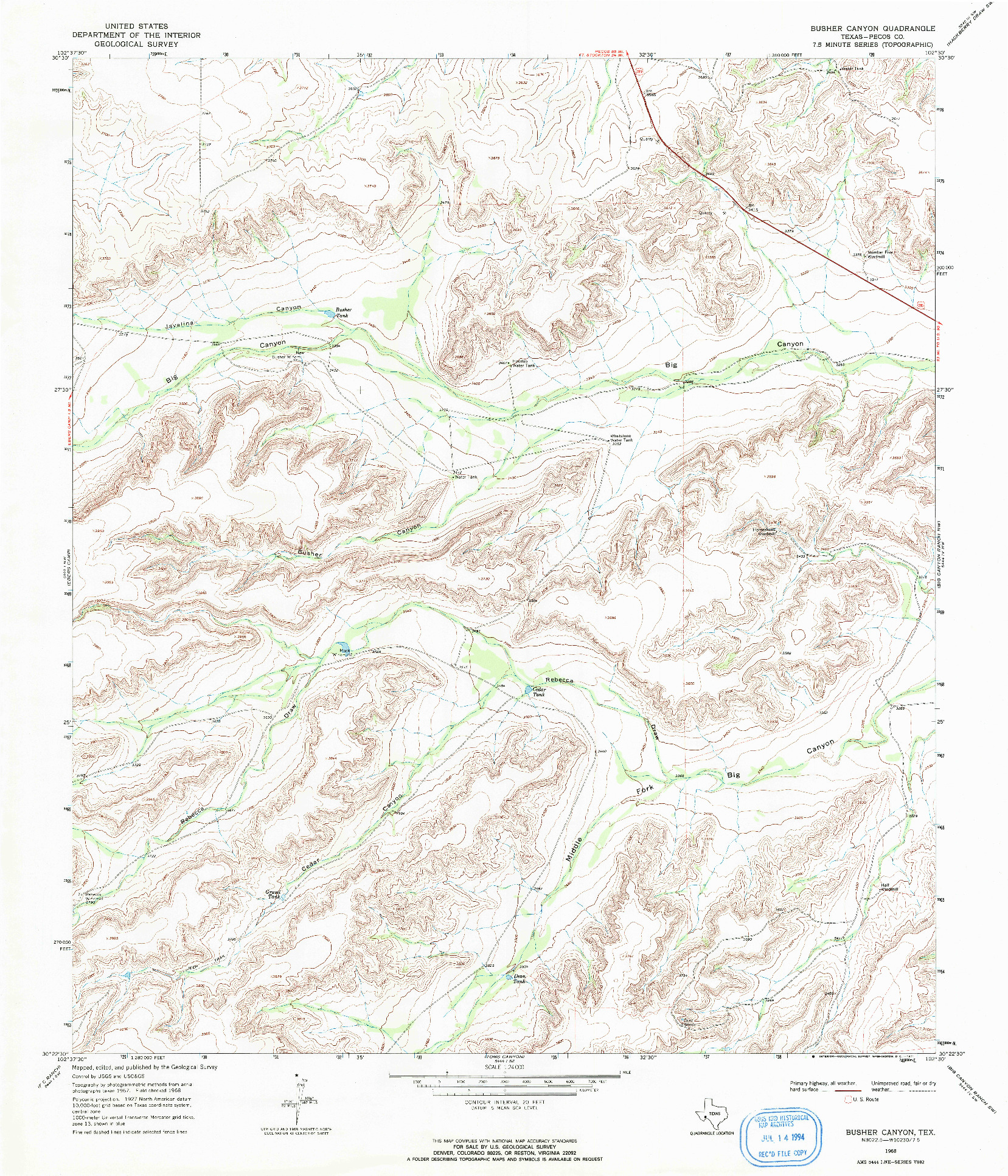 USGS 1:24000-SCALE QUADRANGLE FOR BUSHER CANYON, TX 1968