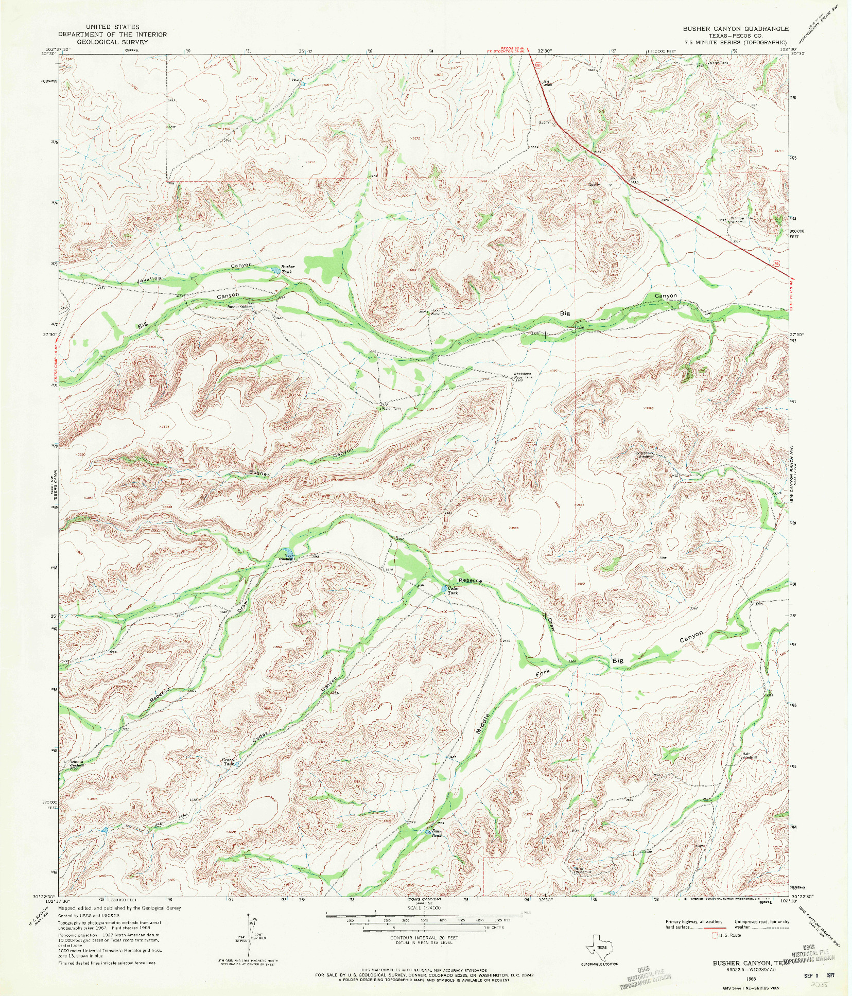 USGS 1:24000-SCALE QUADRANGLE FOR BUSHER CANYON, TX 1968