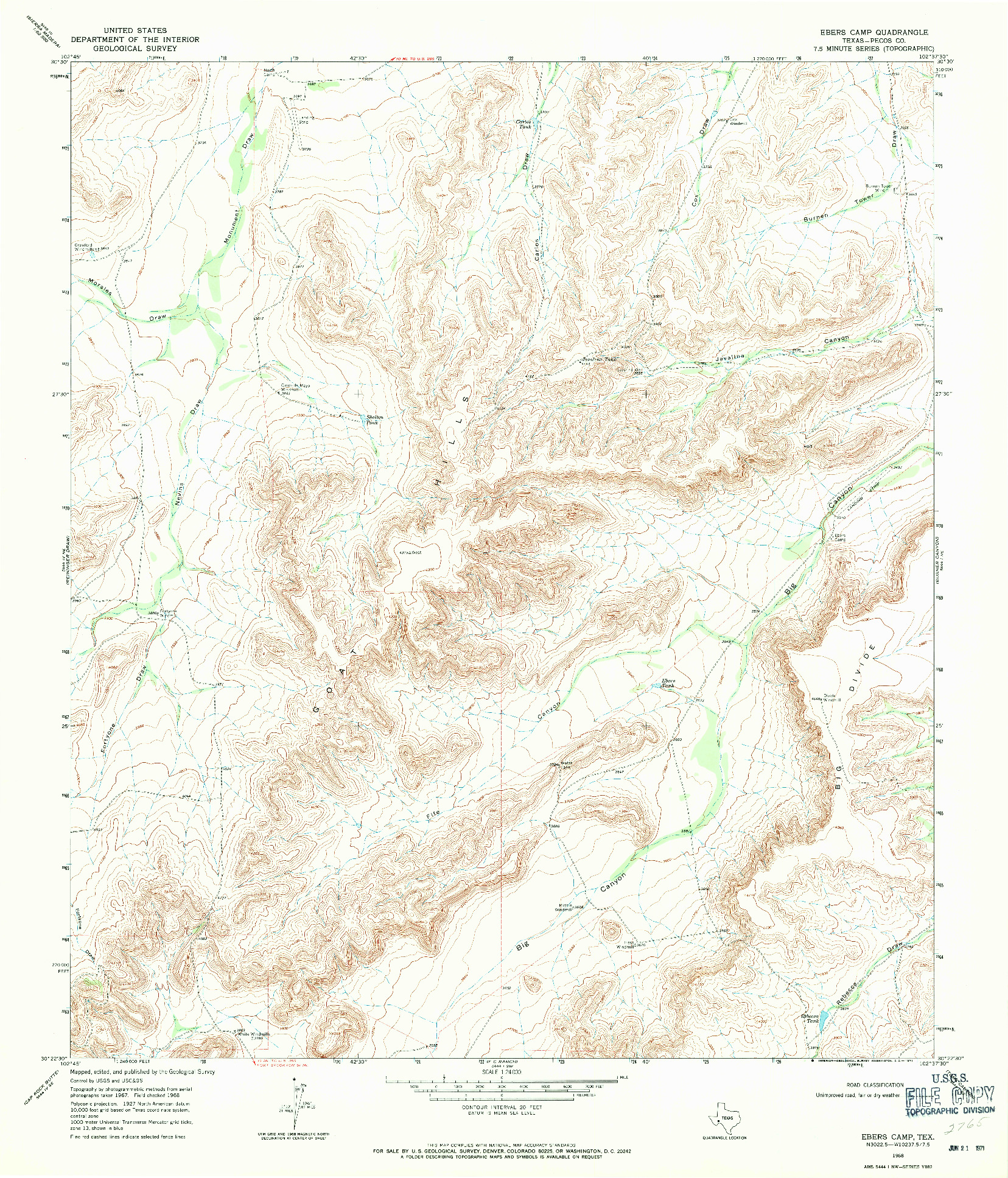 USGS 1:24000-SCALE QUADRANGLE FOR EBERS CAMP, TX 1968