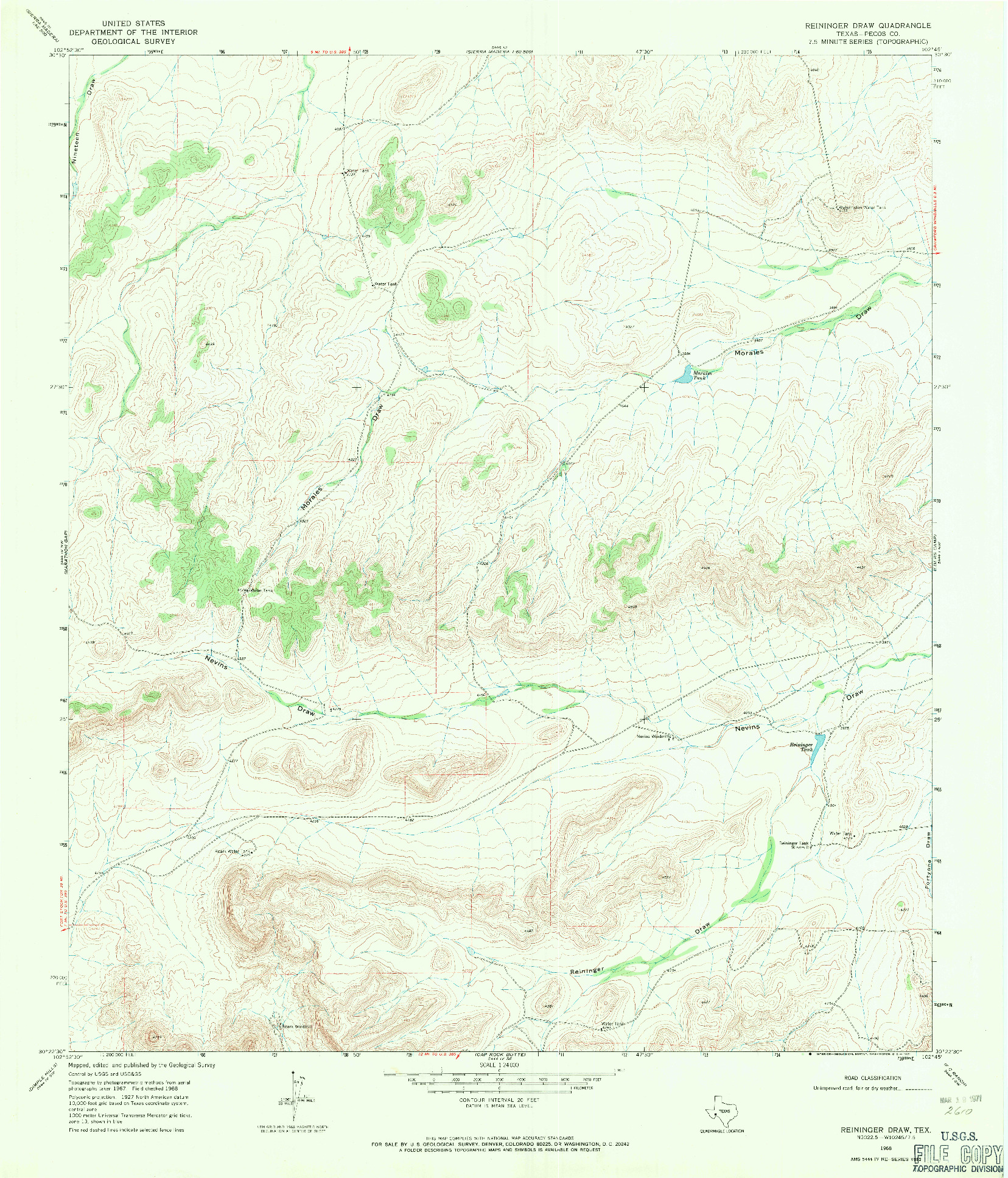 USGS 1:24000-SCALE QUADRANGLE FOR REININGER DRAW, TX 1968