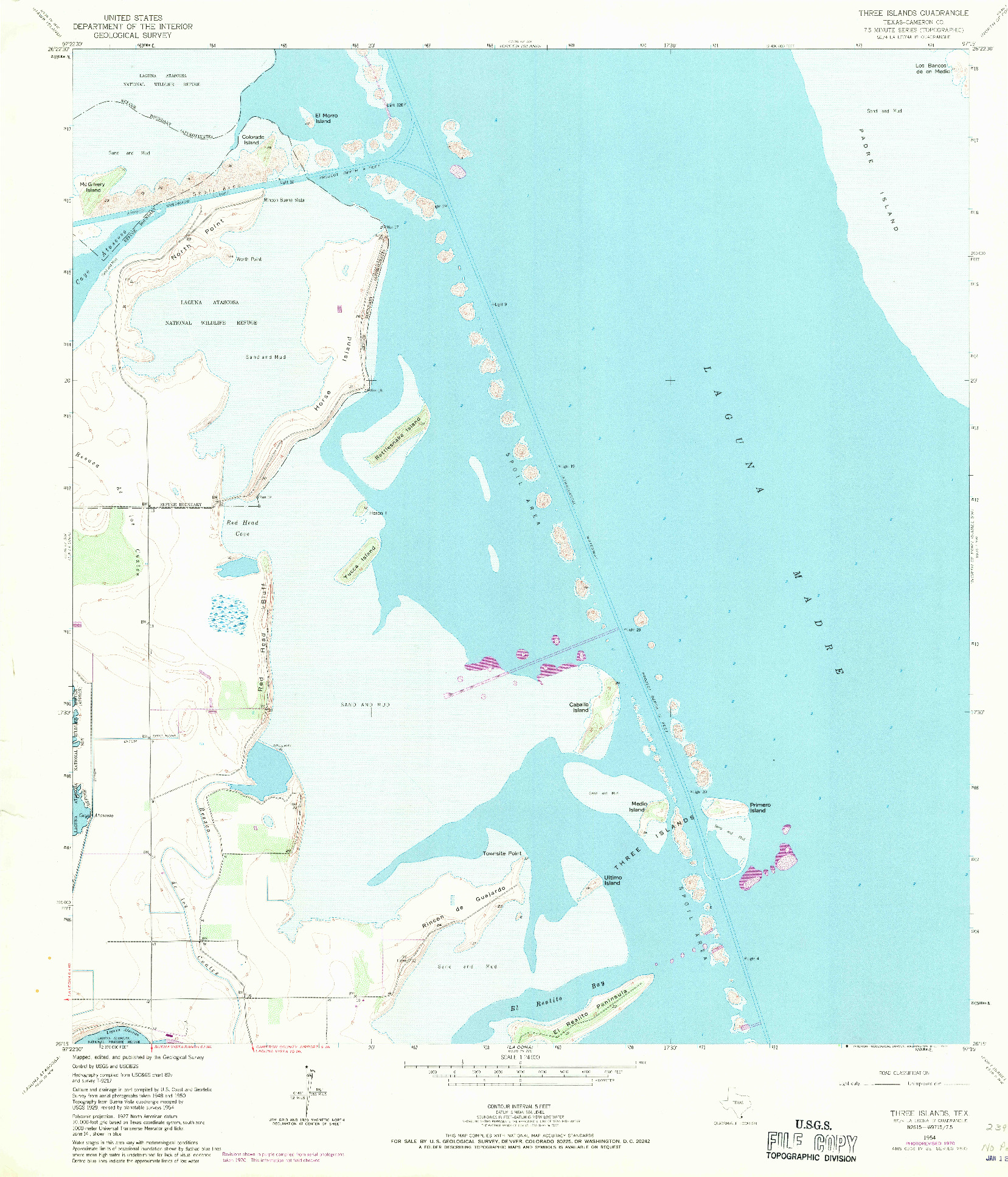 USGS 1:24000-SCALE QUADRANGLE FOR THREE ISLANDS, TX 1954